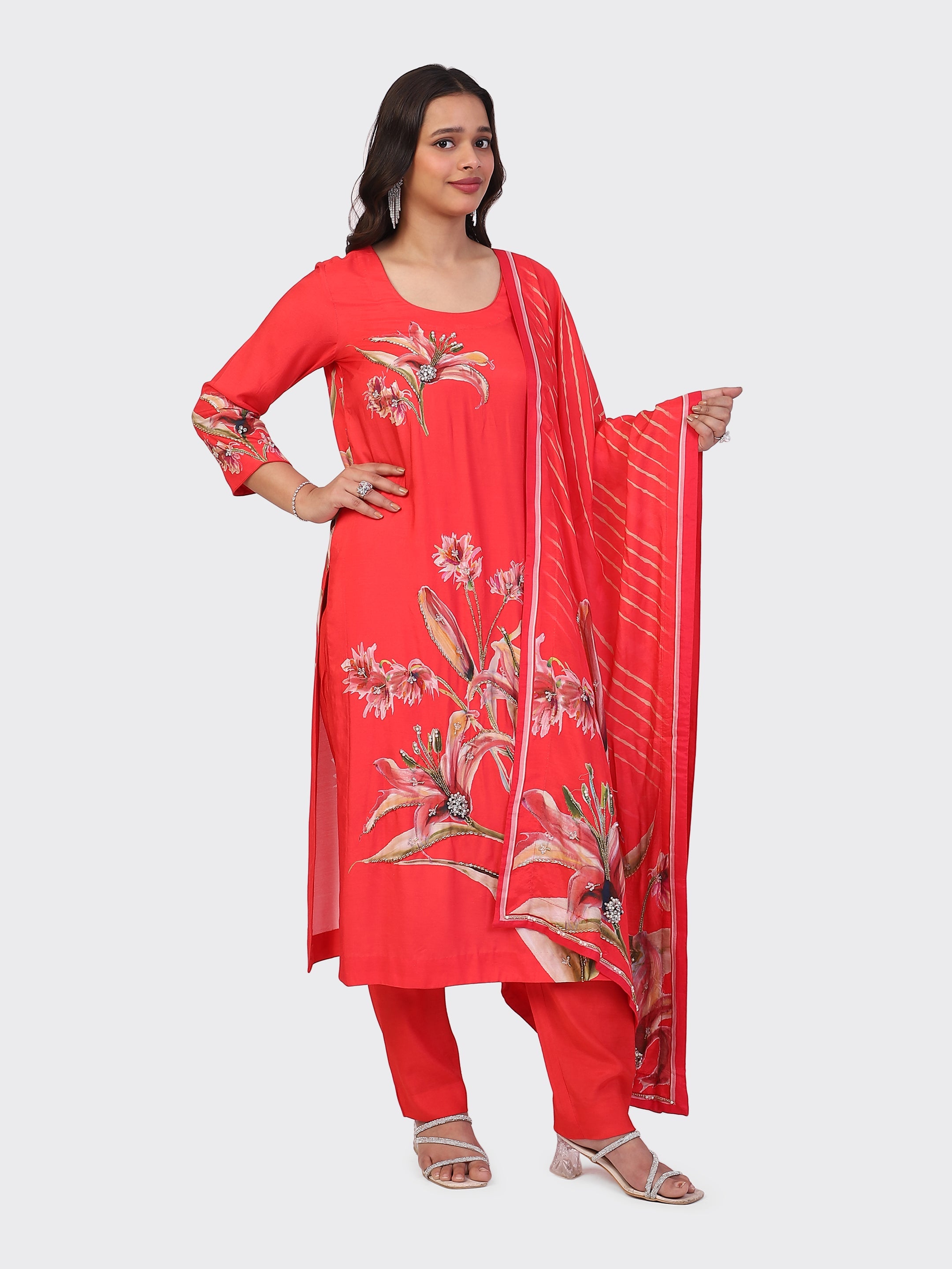 KURTA SET FEATURING HAND-EMBROIDERED FRONT, SLEEVES, AND DUPATTA-RED