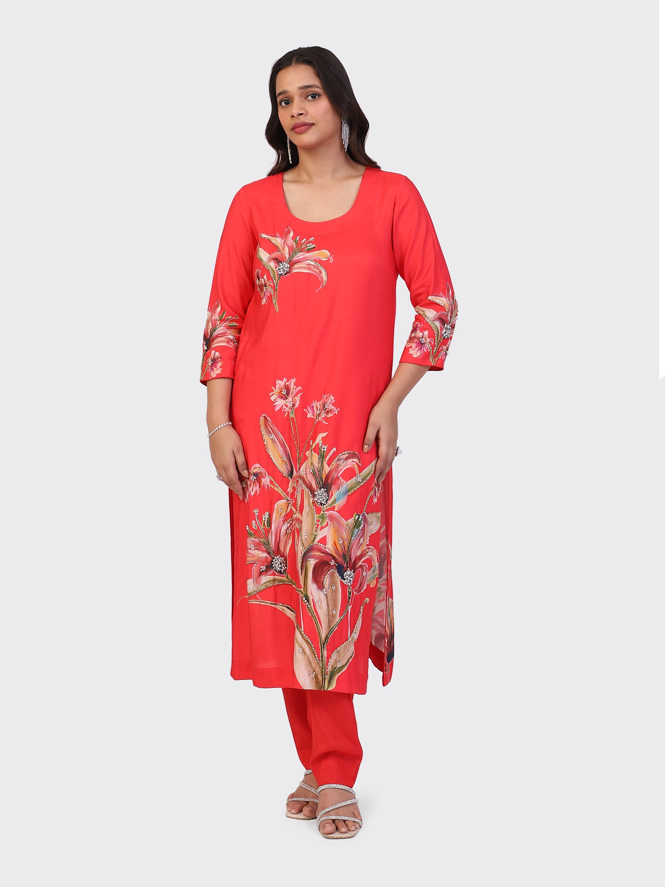 KURTA SET FEATURING HAND-EMBROIDERED FRONT, SLEEVES, AND DUPATTA-RED