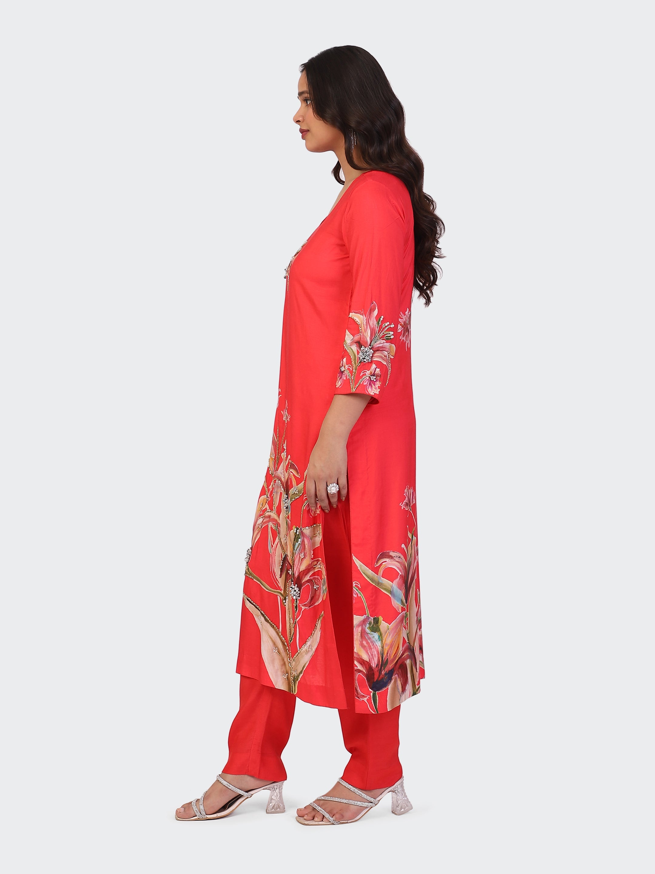 KURTA SET FEATURING HAND-EMBROIDERED FRONT, SLEEVES, AND DUPATTA-RED