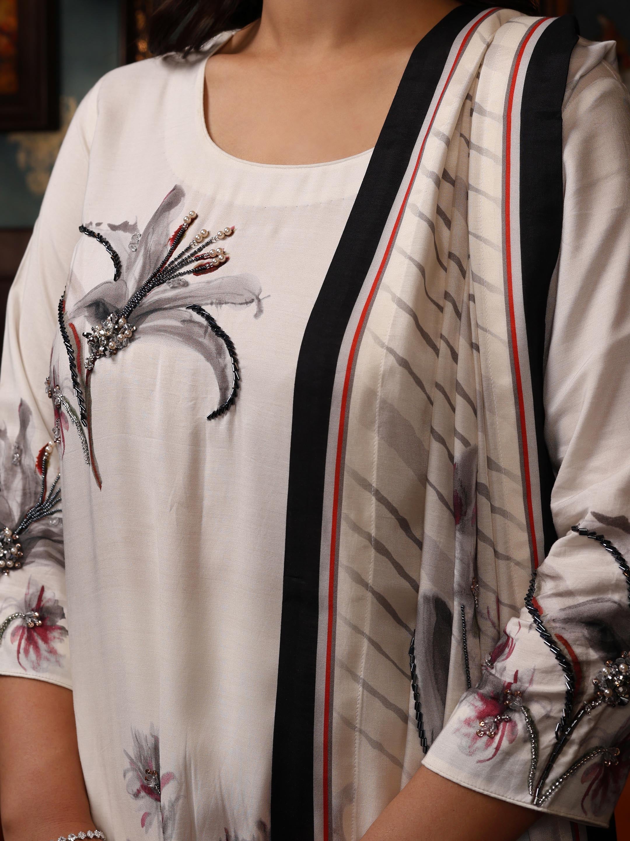 KURTA SET FEATURING HAND-EMBROIDERED FRONT, SLEEVES, AND DUPATTA-WHITE