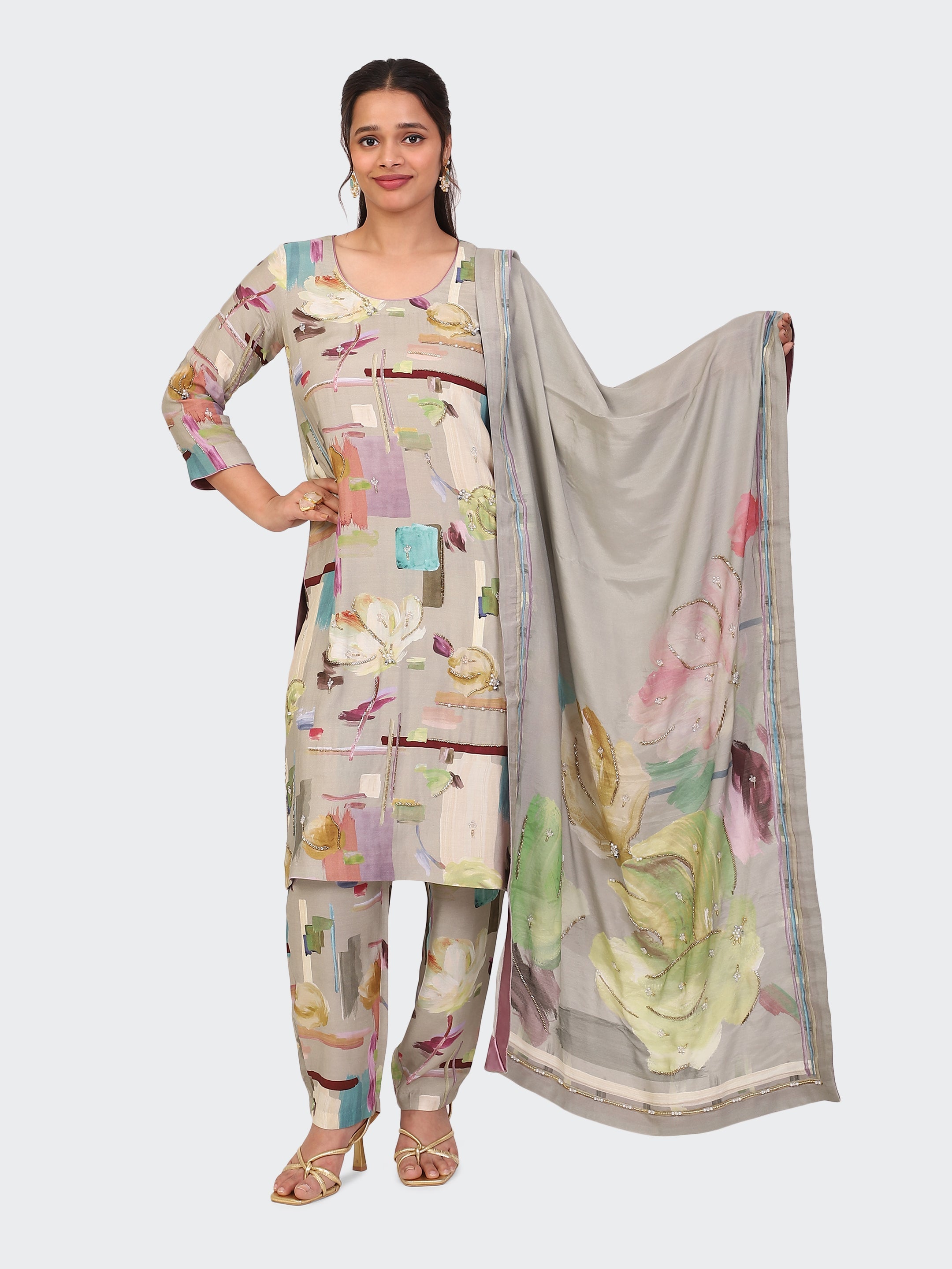 KURTA SET FEATURING HAND-EMBROIDERED FRONT, SLEEVES, AND DUPATTA-BEIGE2