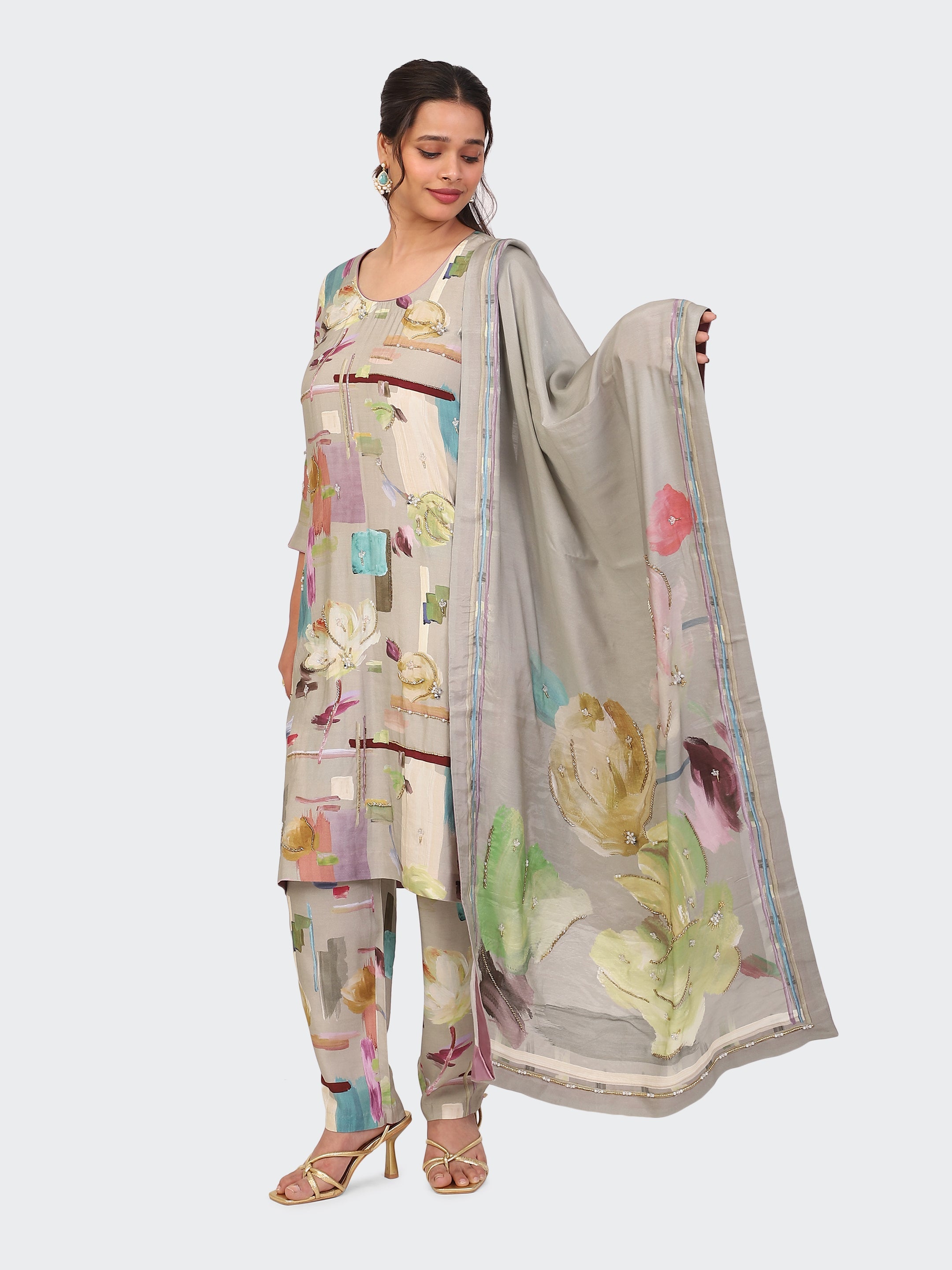 KURTA SET FEATURING HAND-EMBROIDERED FRONT, SLEEVES, AND DUPATTA-BEIGE2