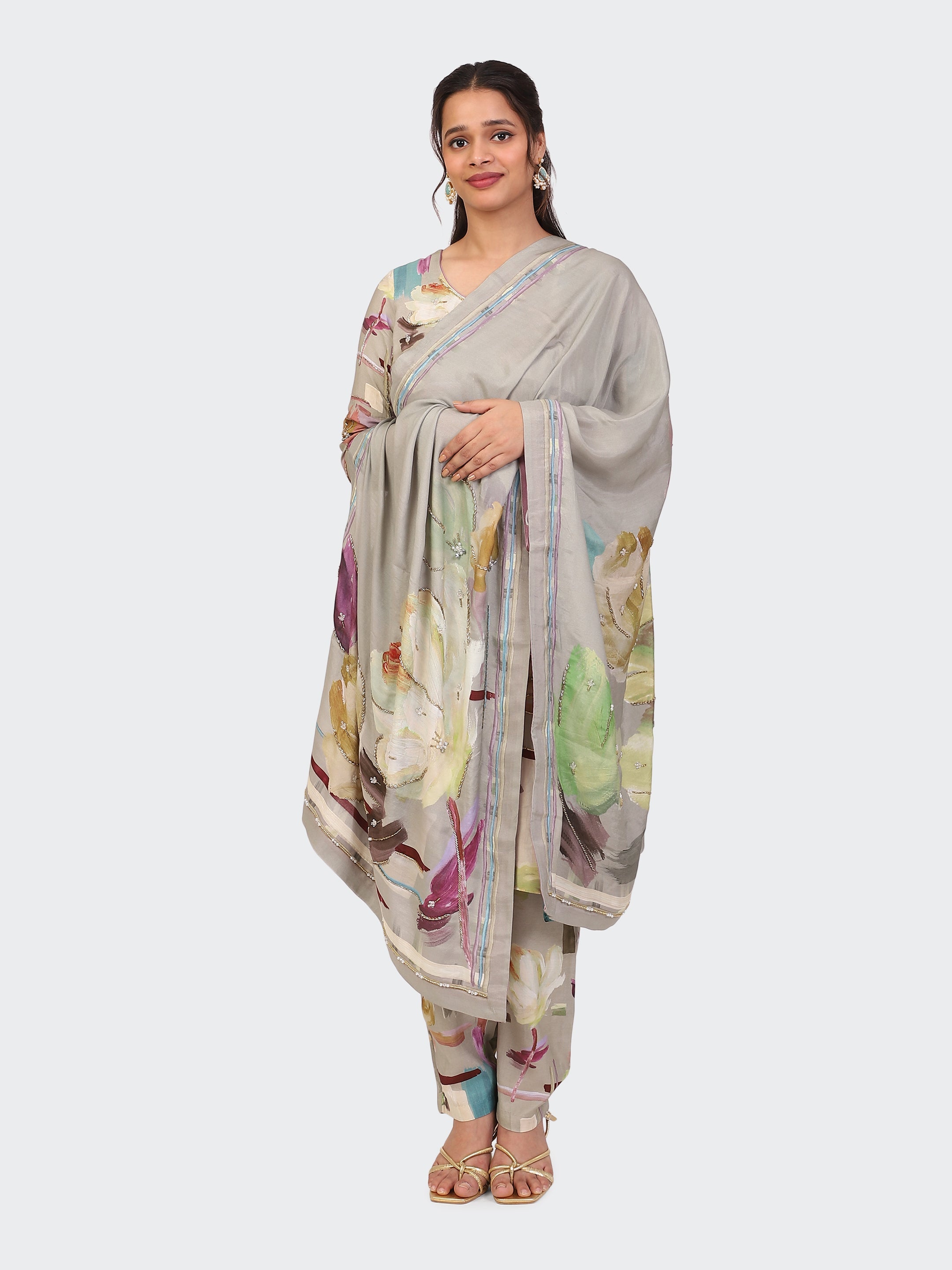 KURTA SET FEATURING HAND-EMBROIDERED FRONT, SLEEVES, AND DUPATTA-BEIGE2