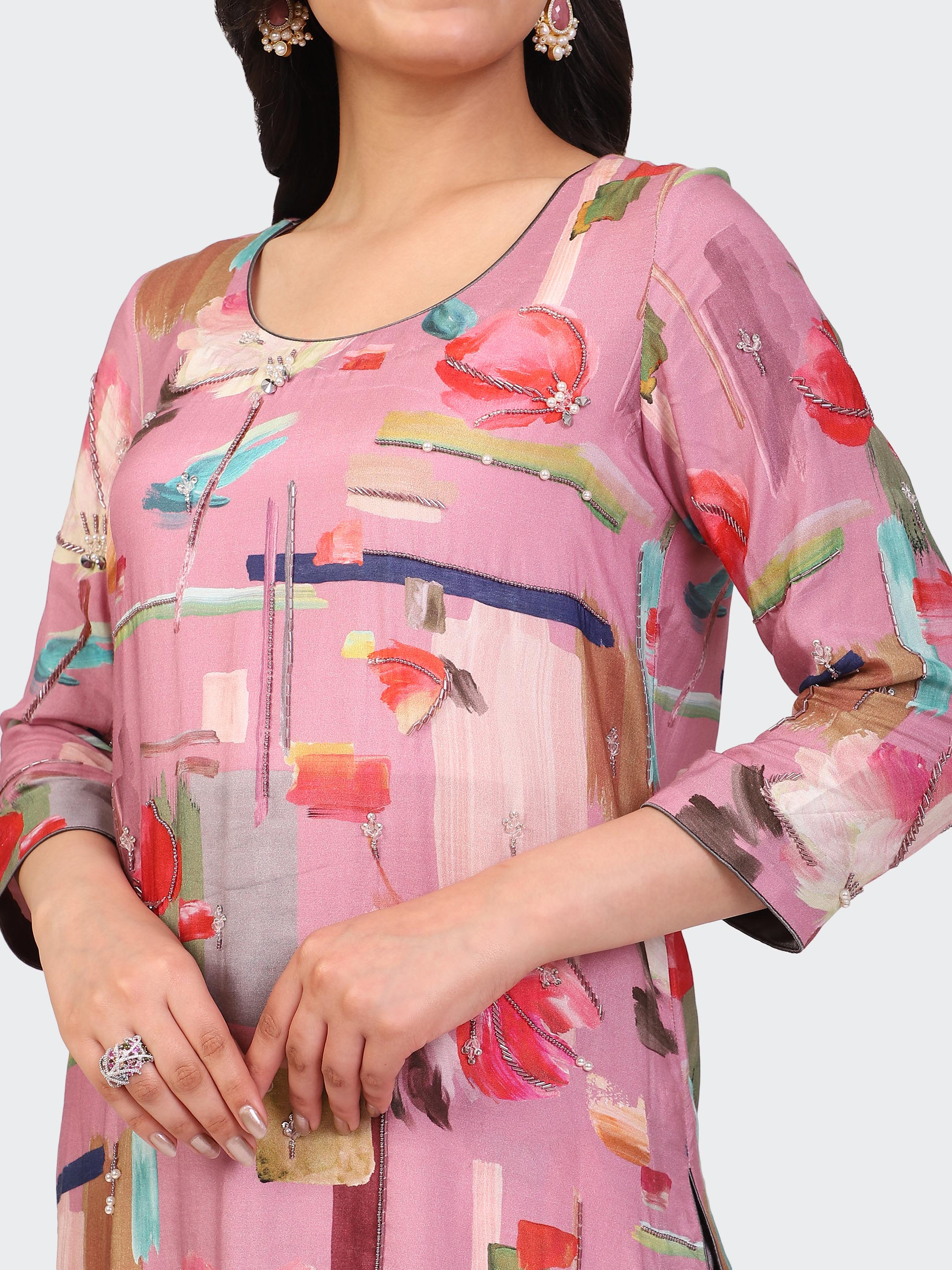 KURTA SET FEATURING HAND-EMBROIDERED FRONT, SLEEVES, AND DUPATTA-PINK