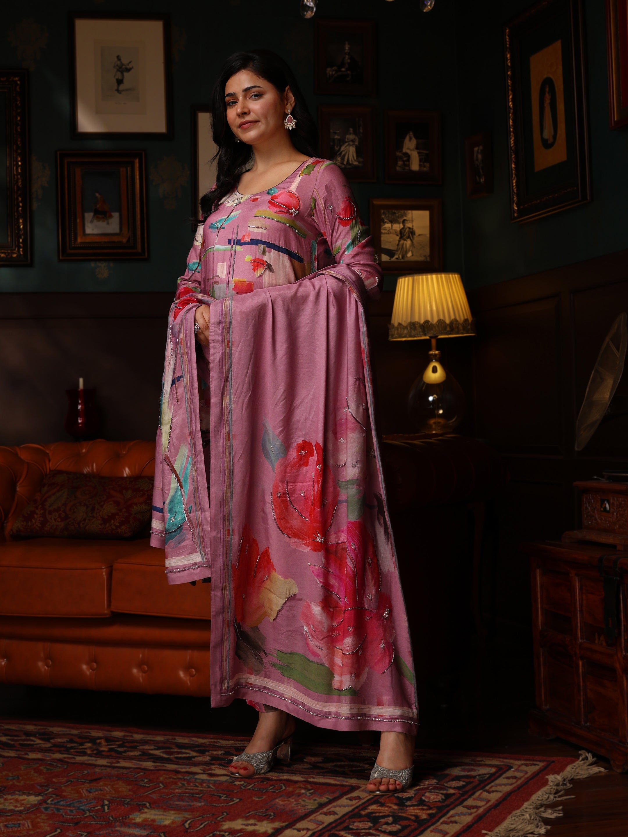 KURTA SET FEATURING HAND-EMBROIDERED FRONT, SLEEVES, AND DUPATTA-PINK