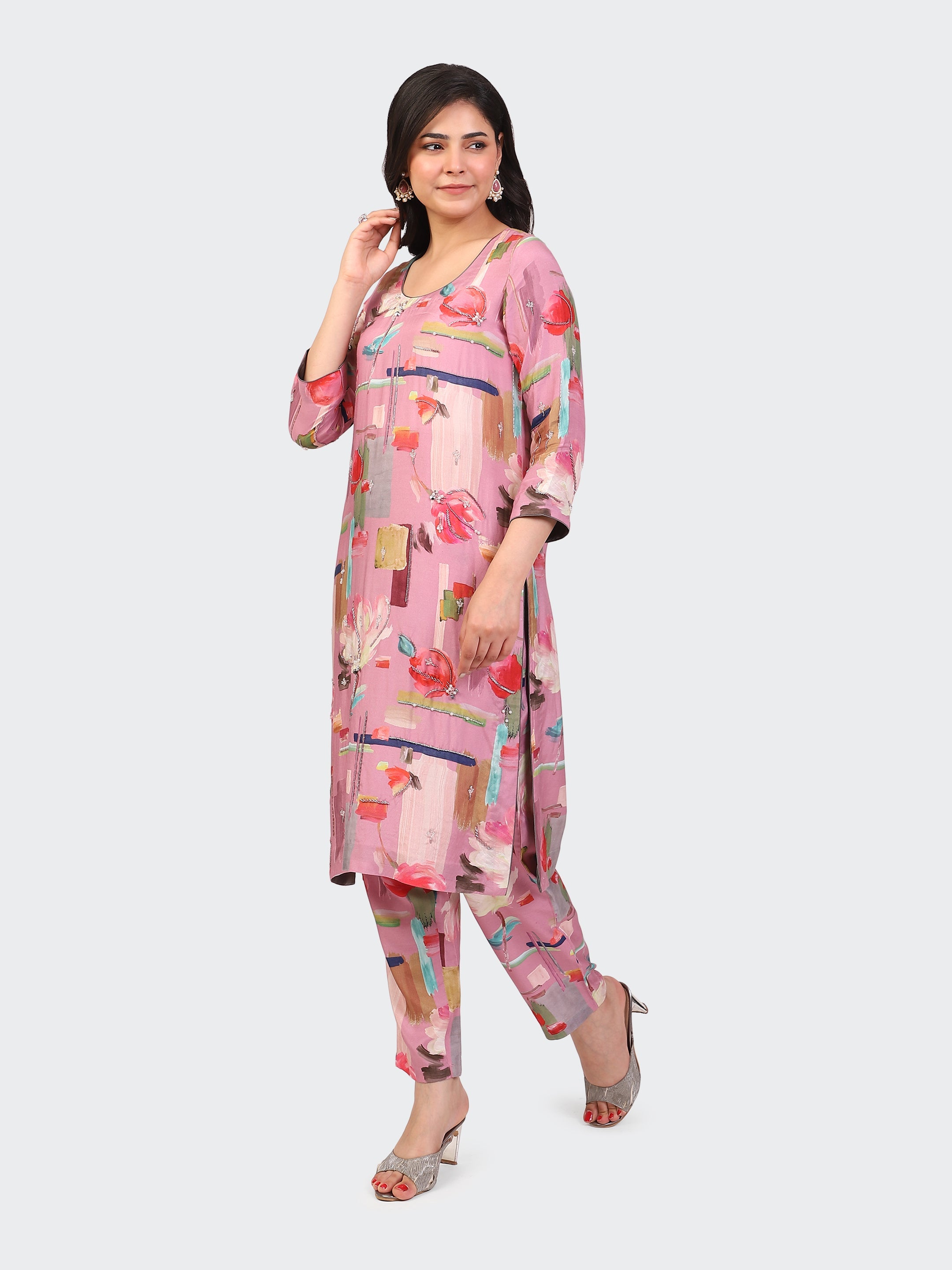KURTA SET FEATURING HAND-EMBROIDERED FRONT, SLEEVES, AND DUPATTA-PINK