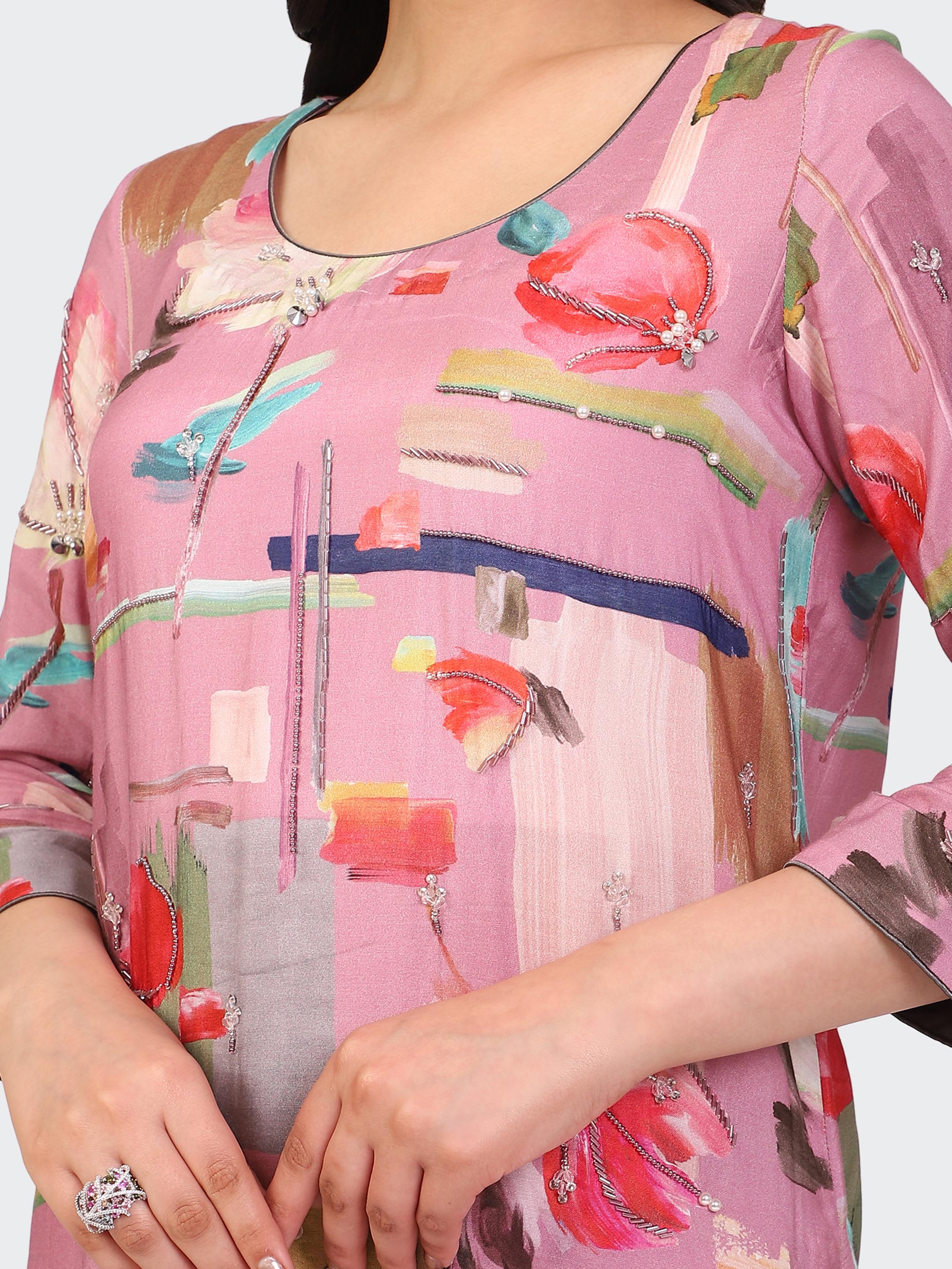 KURTA SET FEATURING HAND-EMBROIDERED FRONT, SLEEVES, AND DUPATTA-PINK