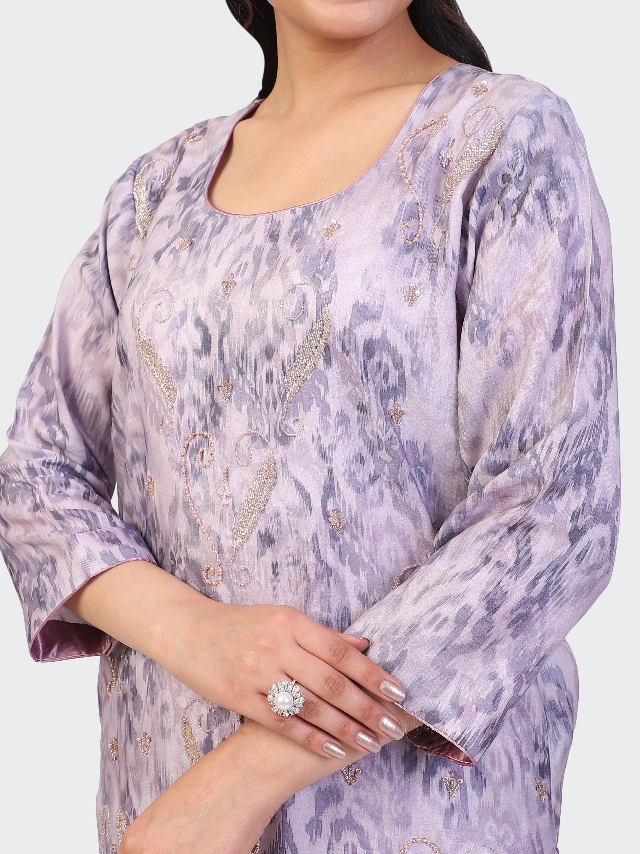KURTA SET FEATURING HAND-EMBROIDERED FRONT, SLEEVES, AND DUPATTA-MAUVE