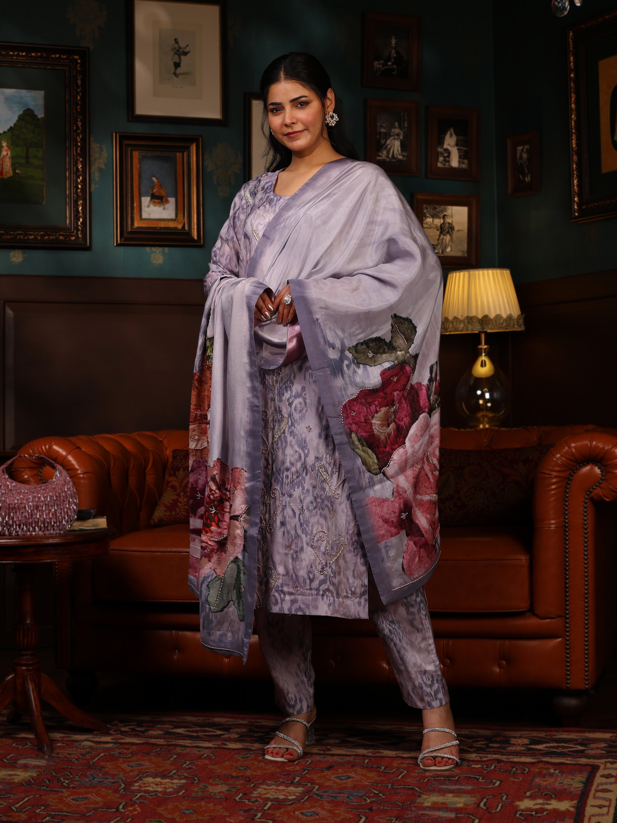 KURTA SET FEATURING HAND-EMBROIDERED FRONT, SLEEVES, AND DUPATTA-MAUVE