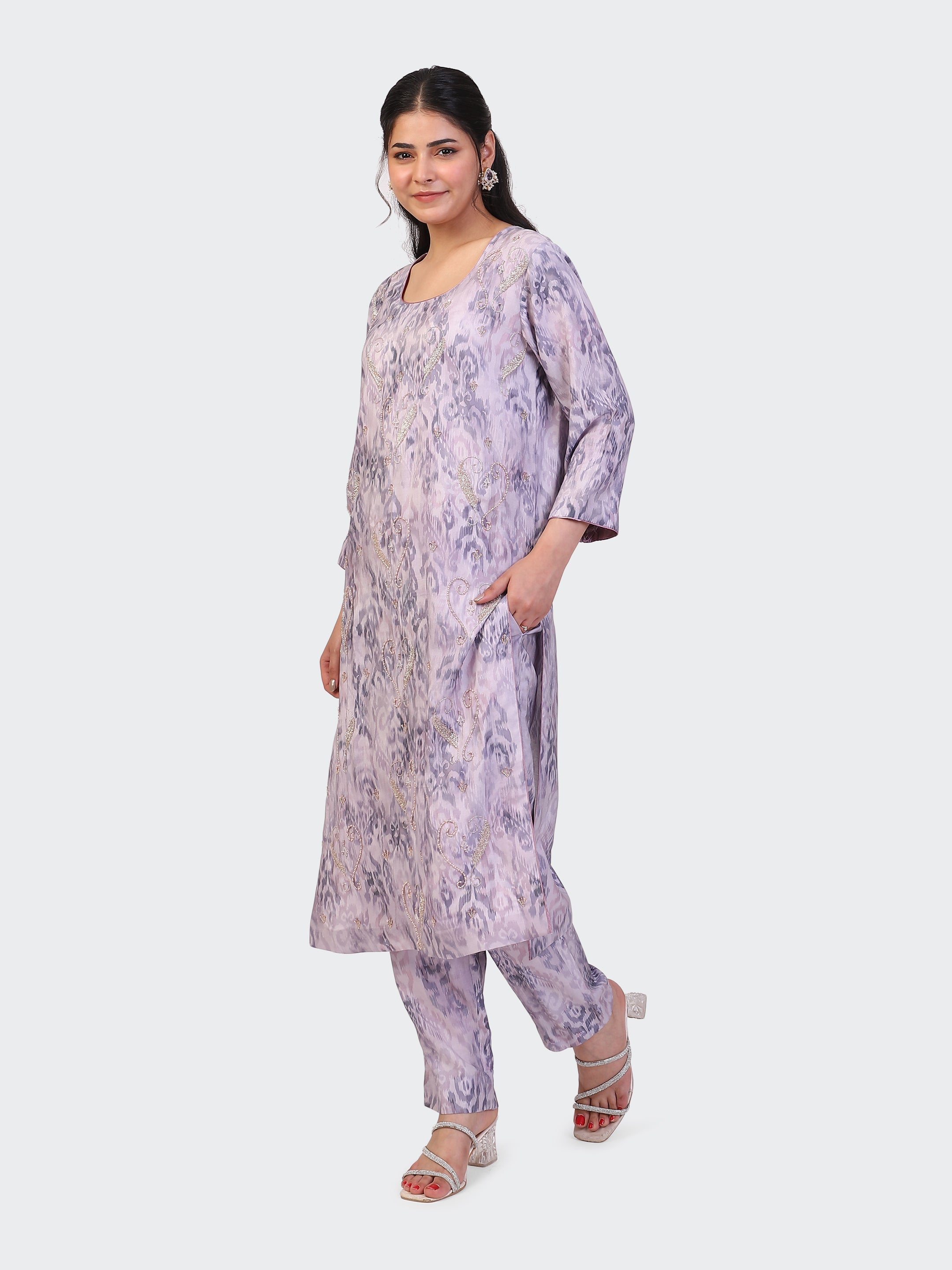 KURTA SET FEATURING HAND-EMBROIDERED FRONT, SLEEVES, AND DUPATTA-MAUVE