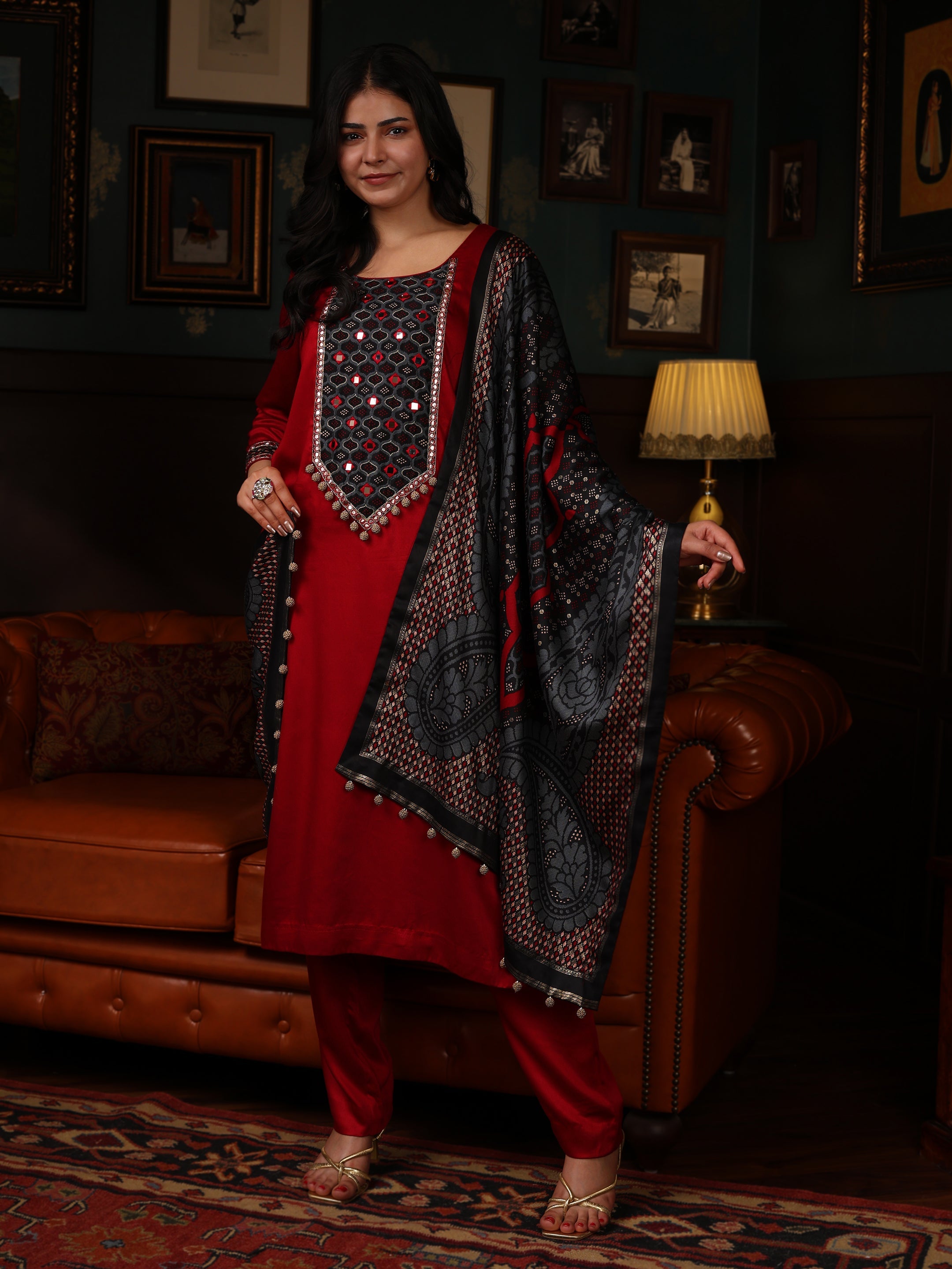 KURTA SET FEATURING HAND-EMBROIDERED FRONT, SLEEVES, AND DUPATTA-MAROON