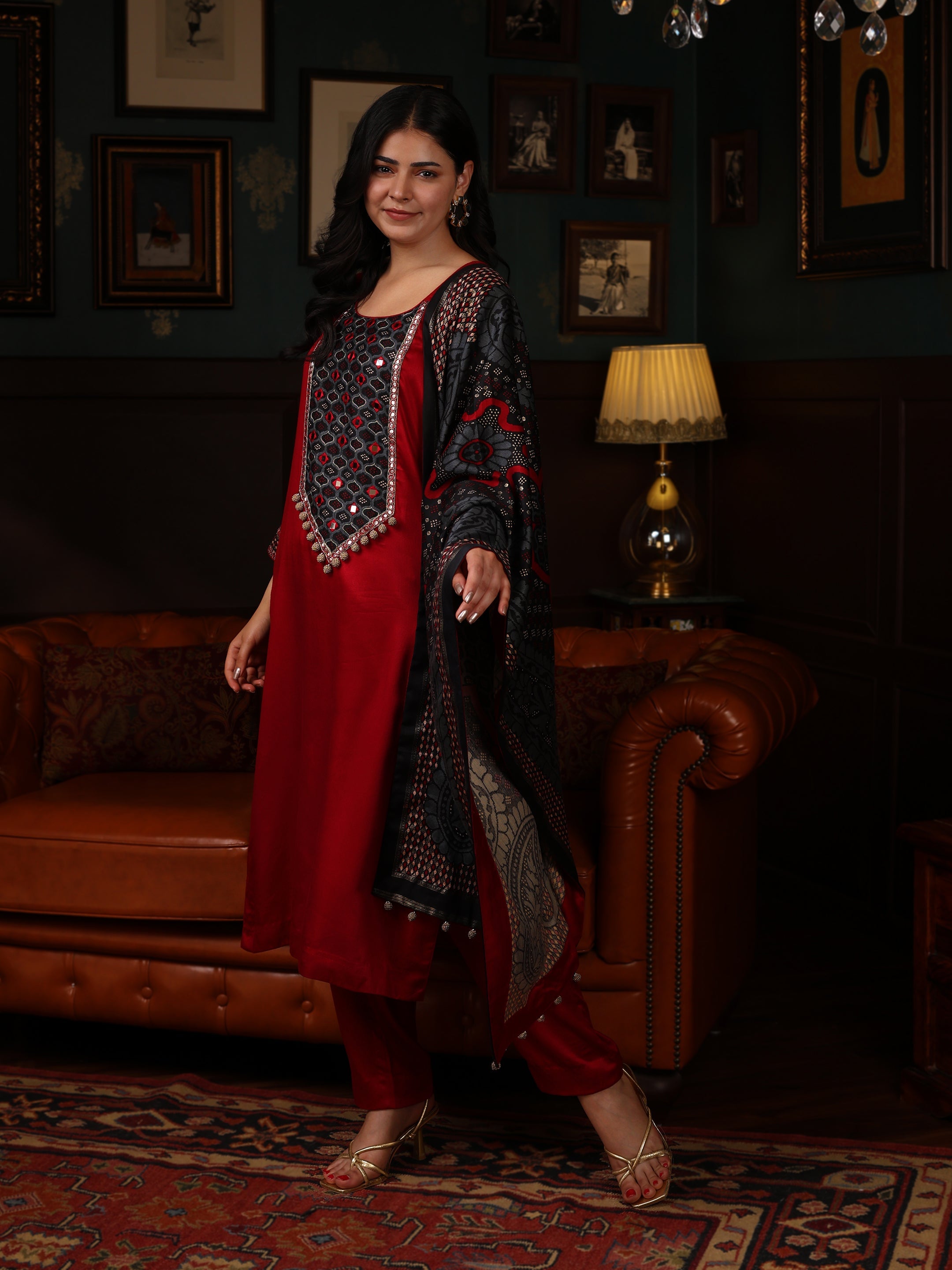 KURTA SET FEATURING HAND-EMBROIDERED FRONT, SLEEVES, AND DUPATTA-MAROON