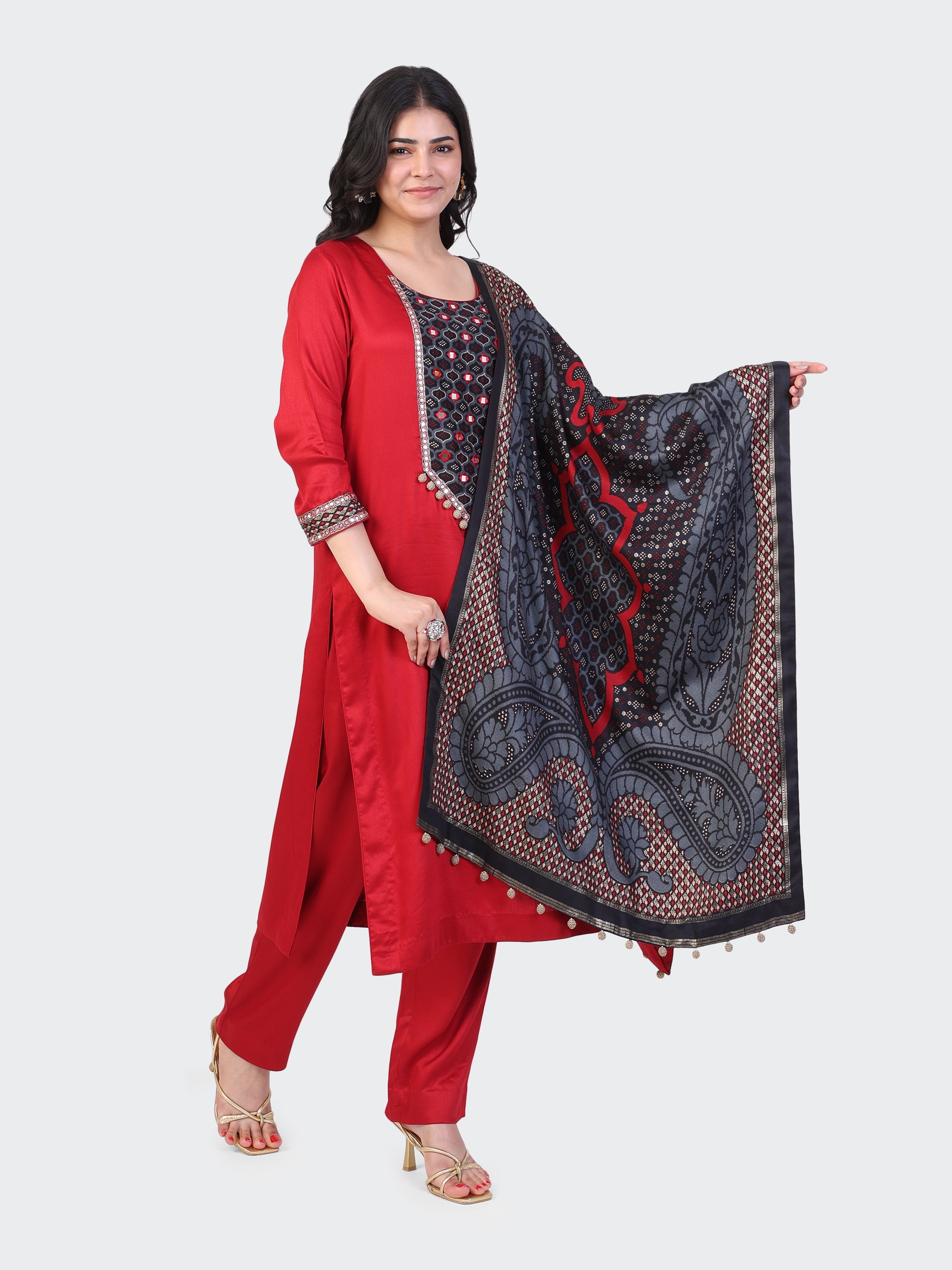 KURTA SET FEATURING HAND-EMBROIDERED FRONT, SLEEVES, AND DUPATTA-MAROON