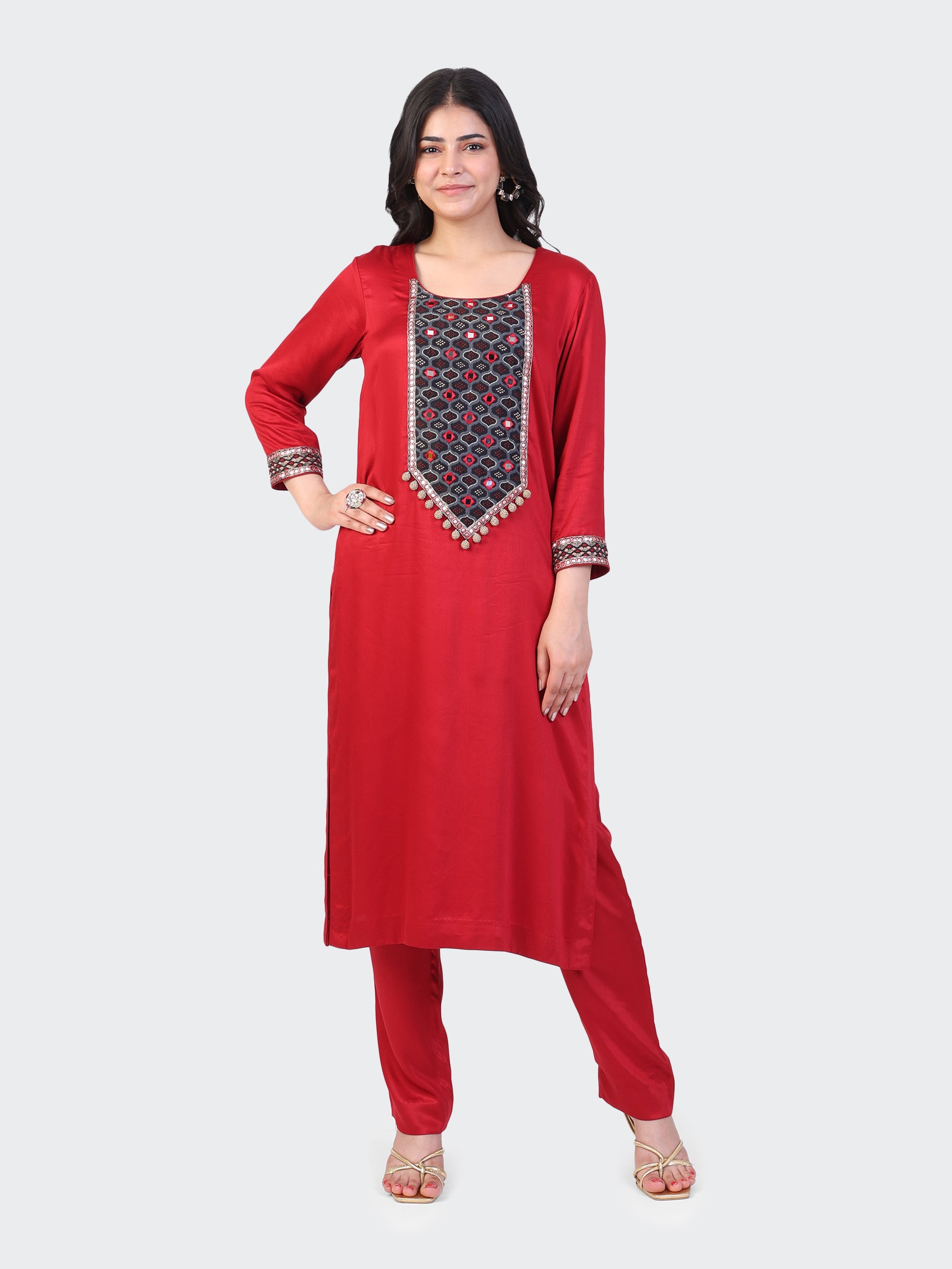 KURTA SET FEATURING HAND-EMBROIDERED FRONT, SLEEVES, AND DUPATTA-MAROON