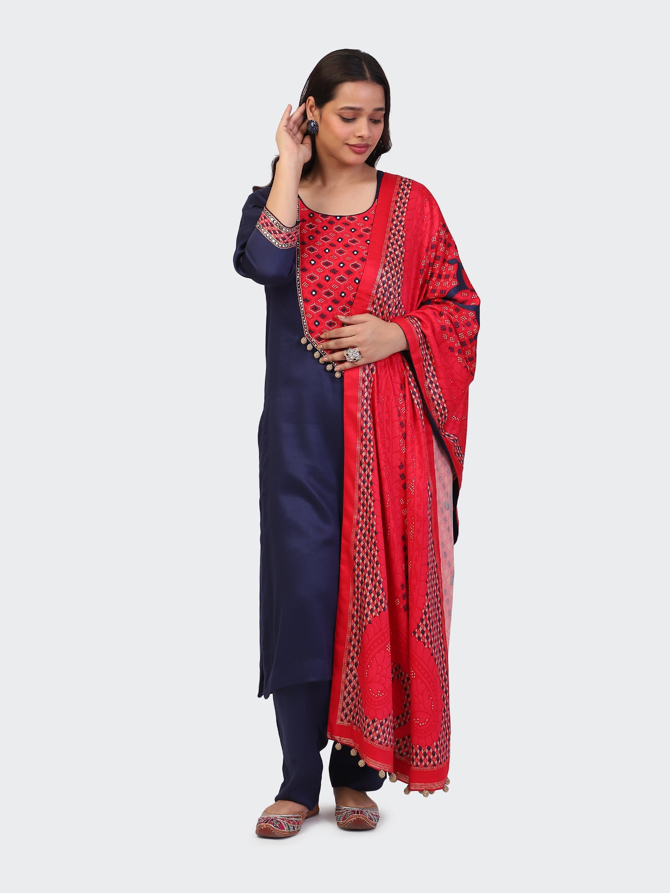 KURTA SET FEATURING HAND-EMBROIDERED FRONT, SLEEVES, AND DUPATTA-NAVY