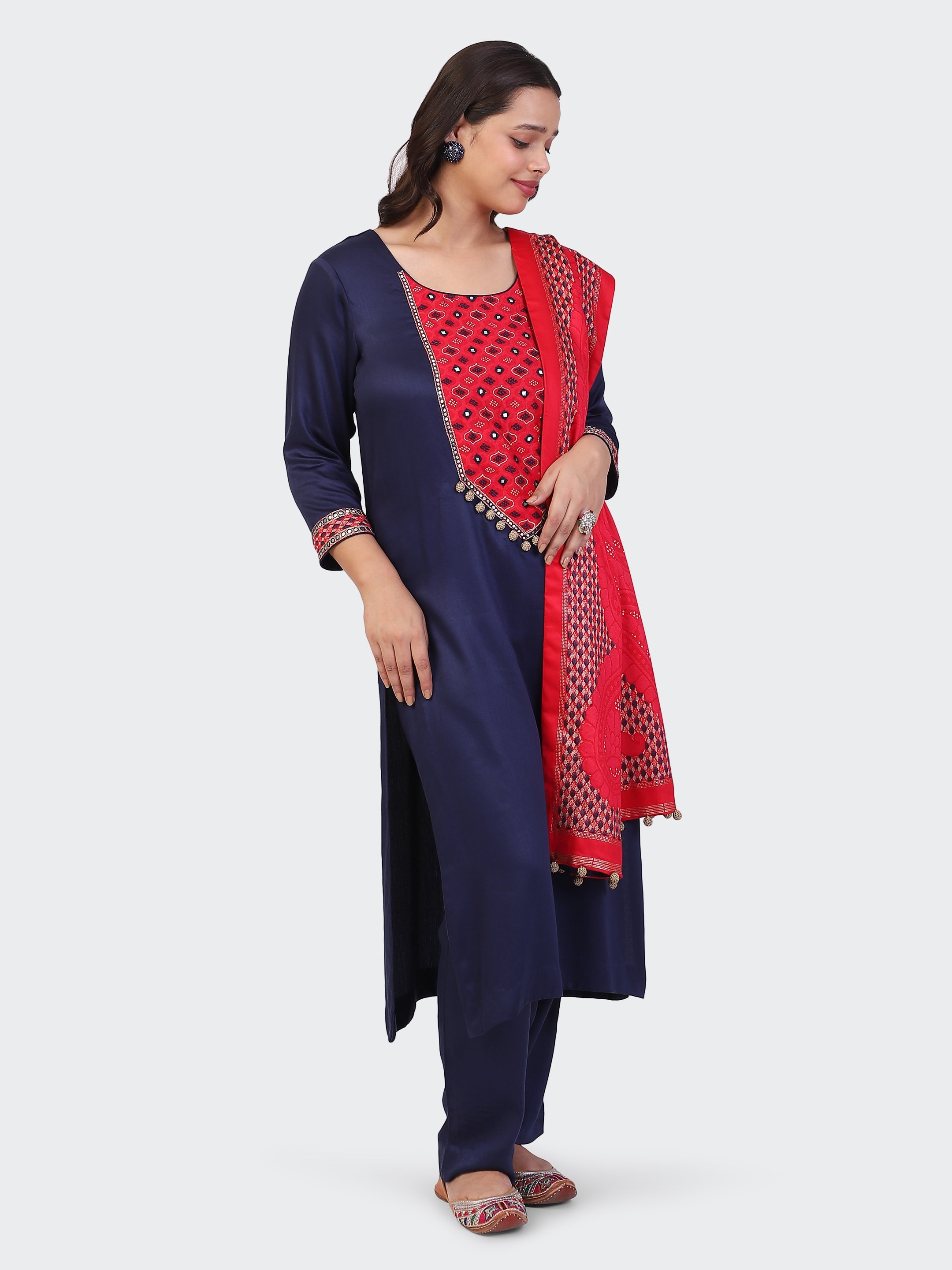 KURTA SET FEATURING HAND-EMBROIDERED FRONT, SLEEVES, AND DUPATTA-NAVY