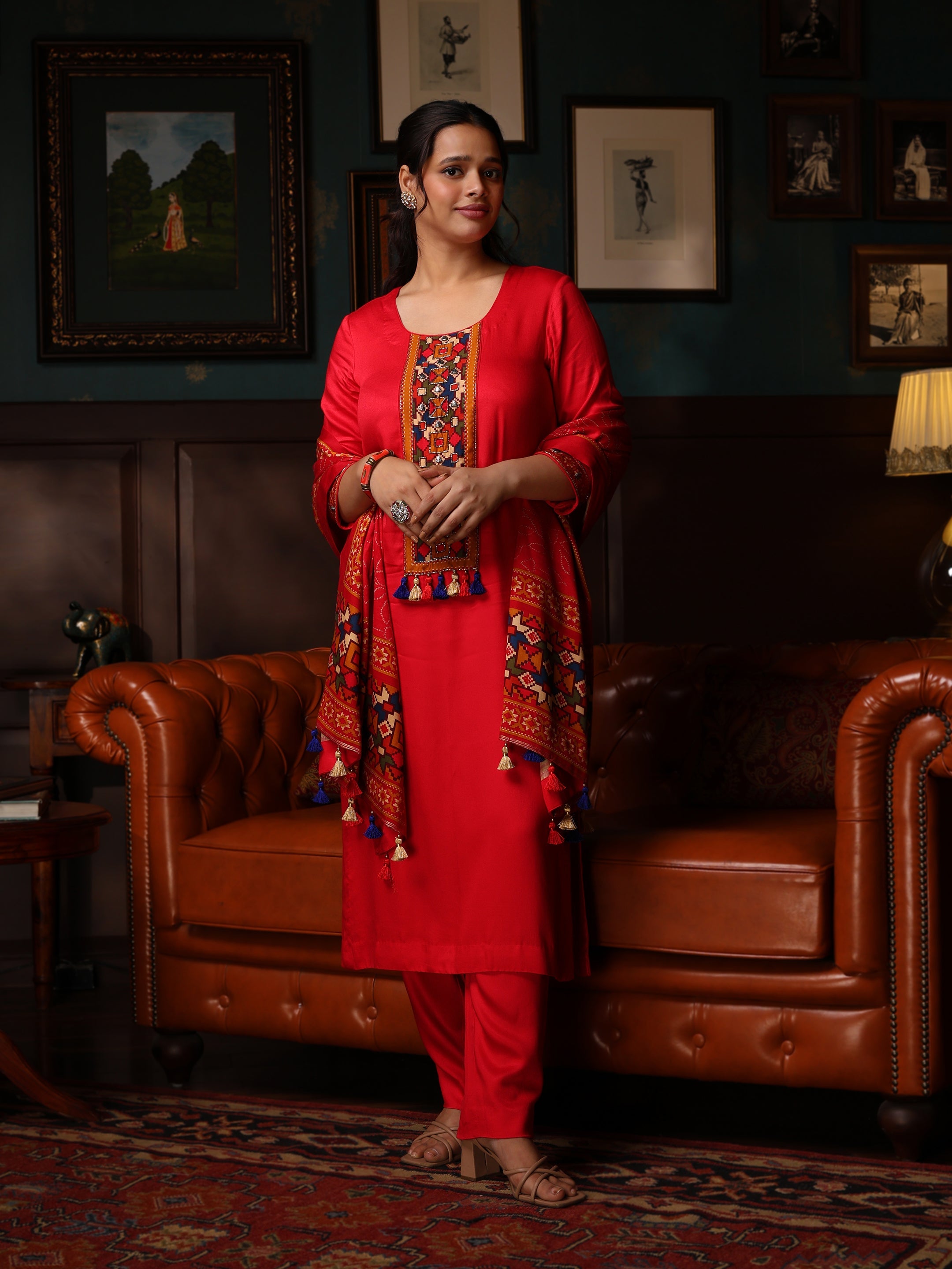 KURTA SET FEATURING HAND-EMBROIDERED FRONT, SLEEVES, AND DUPATTA-RED