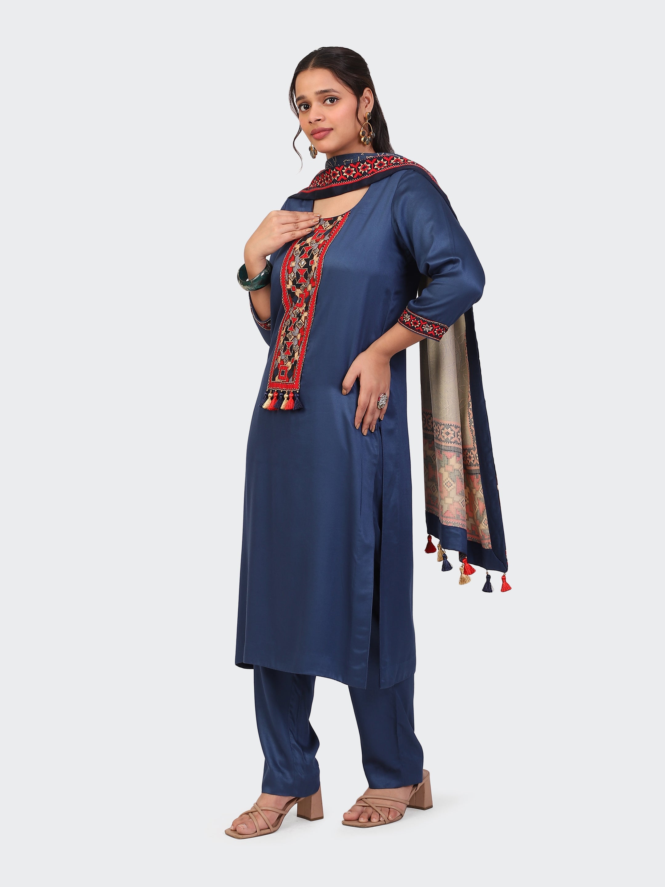 KURTA SET FEATURING HAND-EMBROIDERED FRONT, SLEEVES, AND DUPATTA-BLUE