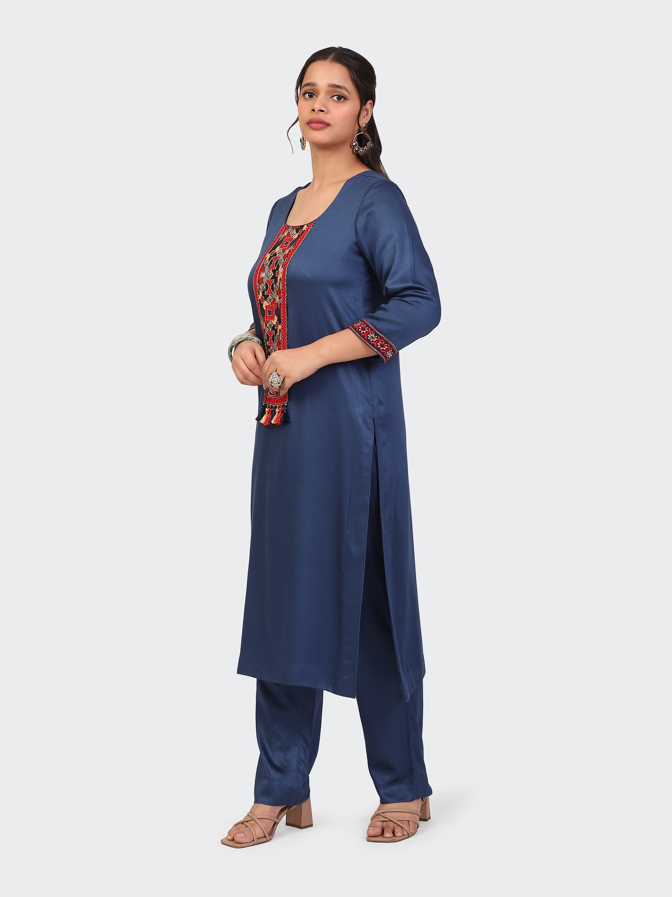 KURTA SET FEATURING HAND-EMBROIDERED FRONT, SLEEVES, AND DUPATTA-BLUE