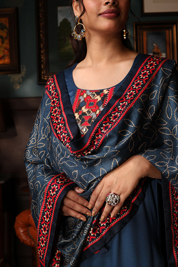 KURTA SET FEATURING HAND-EMBROIDERED FRONT, SLEEVES, AND DUPATTA-BLUE
