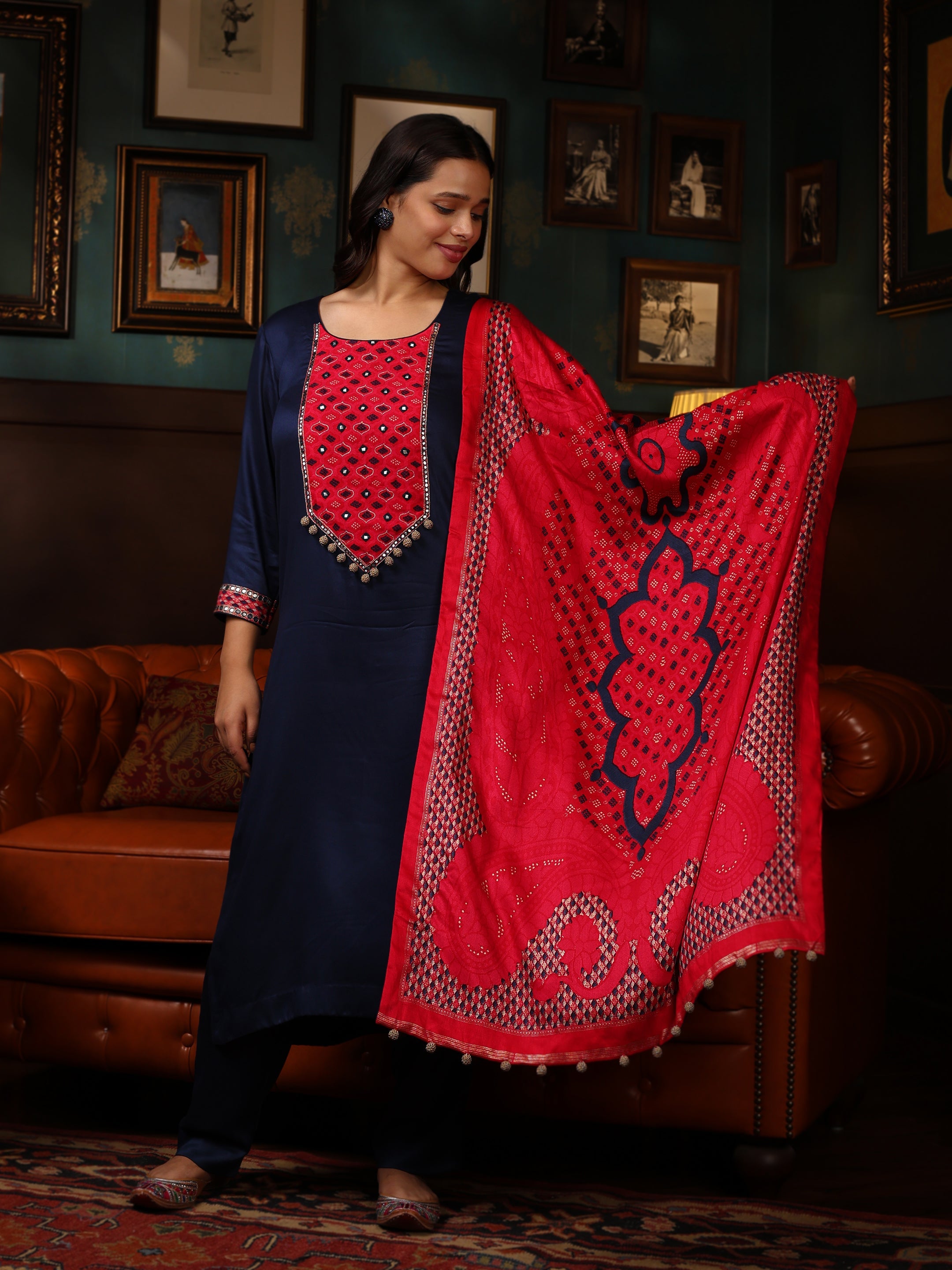 KURTA SET FEATURING HAND-EMBROIDERED FRONT, SLEEVES, AND DUPATTA-NAVY