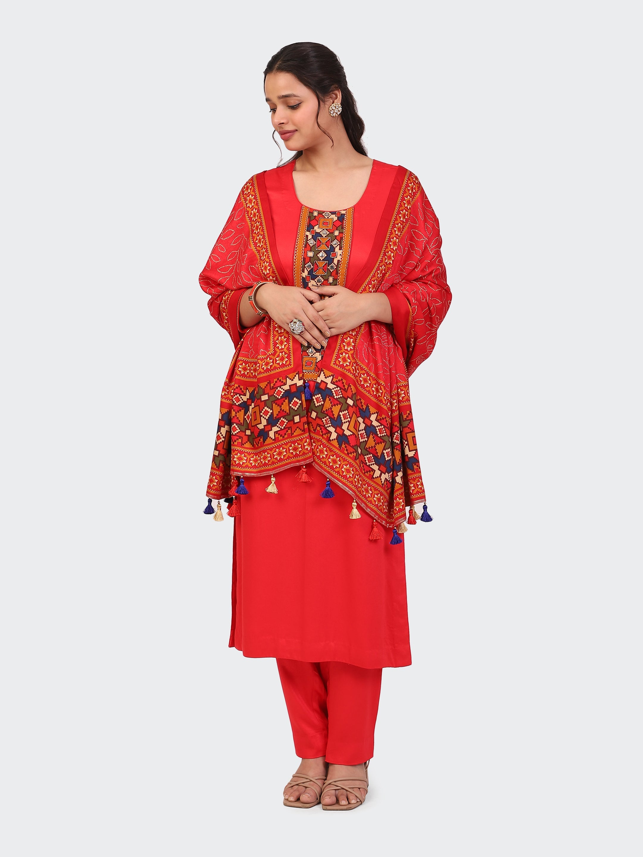 KURTA SET FEATURING HAND-EMBROIDERED FRONT, SLEEVES, AND DUPATTA-RED