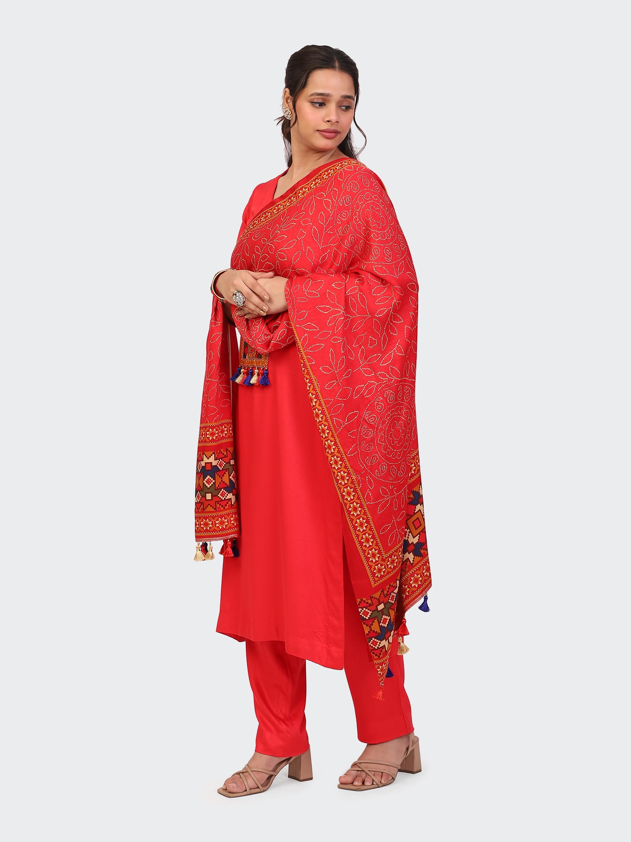 KURTA SET FEATURING HAND-EMBROIDERED FRONT, SLEEVES, AND DUPATTA-RED