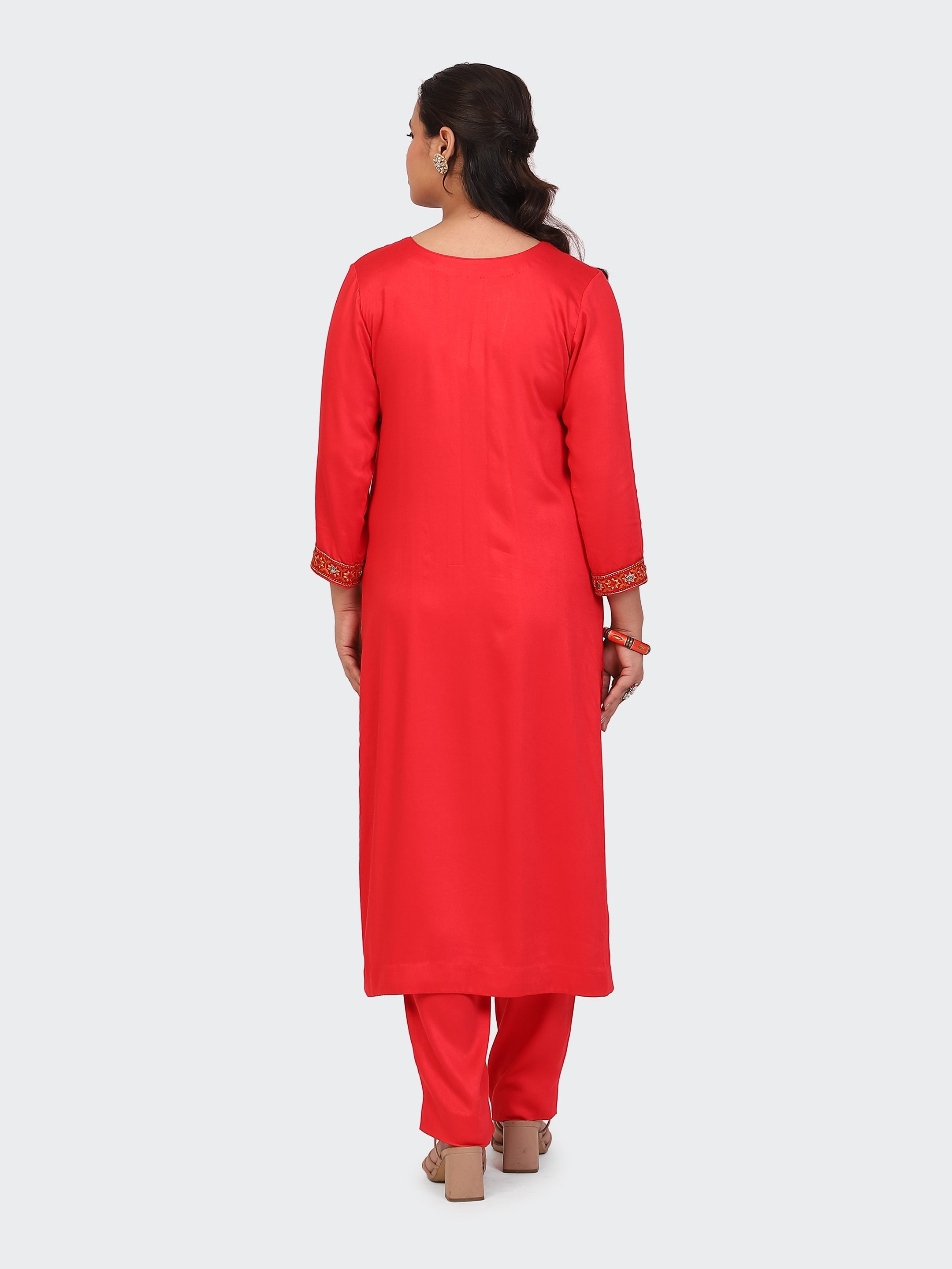 KURTA SET FEATURING HAND-EMBROIDERED FRONT, SLEEVES, AND DUPATTA-RED