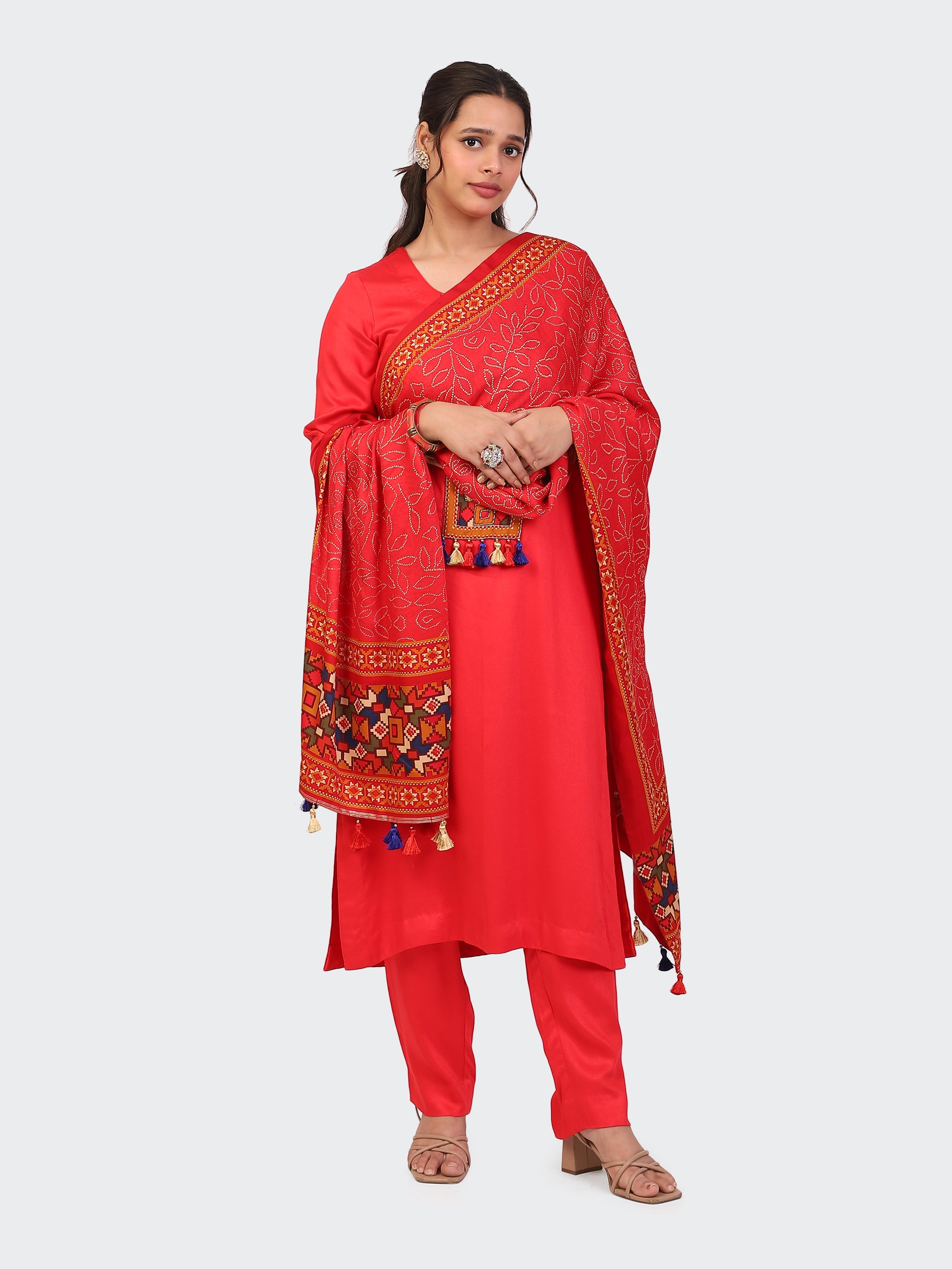 KURTA SET FEATURING HAND-EMBROIDERED FRONT, SLEEVES, AND DUPATTA-RED