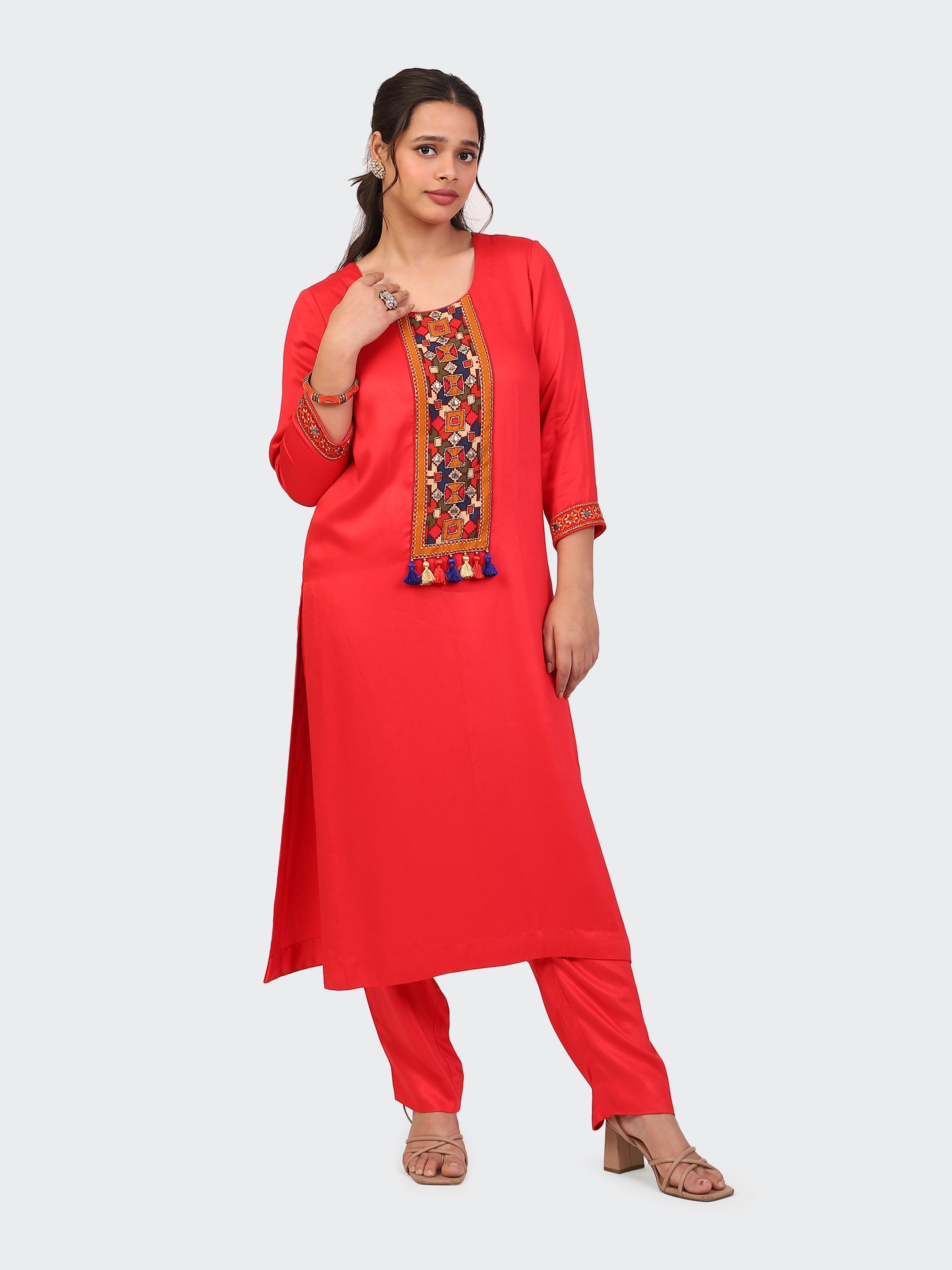 KURTA SET FEATURING HAND-EMBROIDERED FRONT, SLEEVES, AND DUPATTA-RED