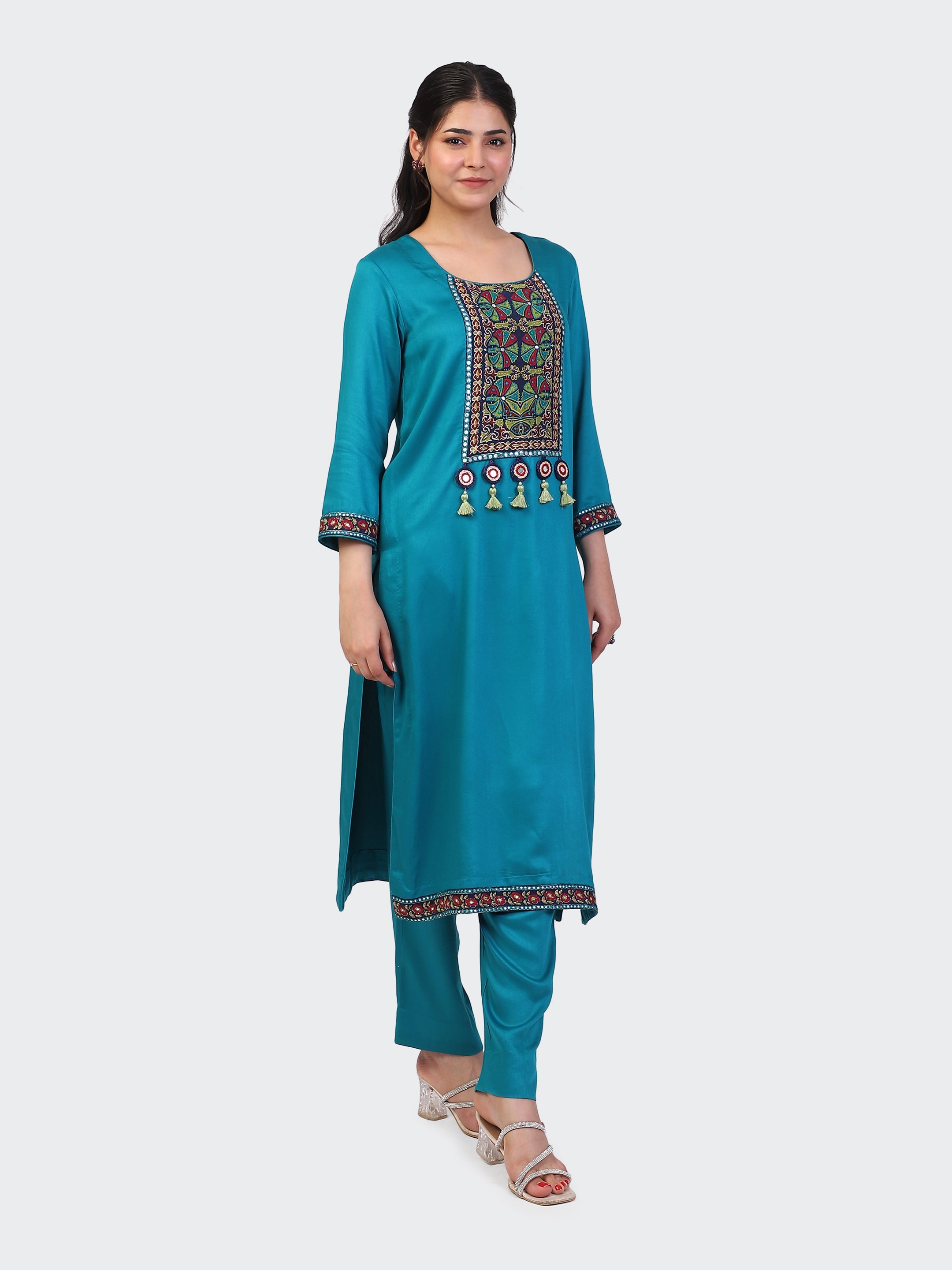 KURTA SET FEATURING HAND-EMBROIDERED FRONT, SLEEVES, DUPATTA WITH TASSELS-TURQUOISE