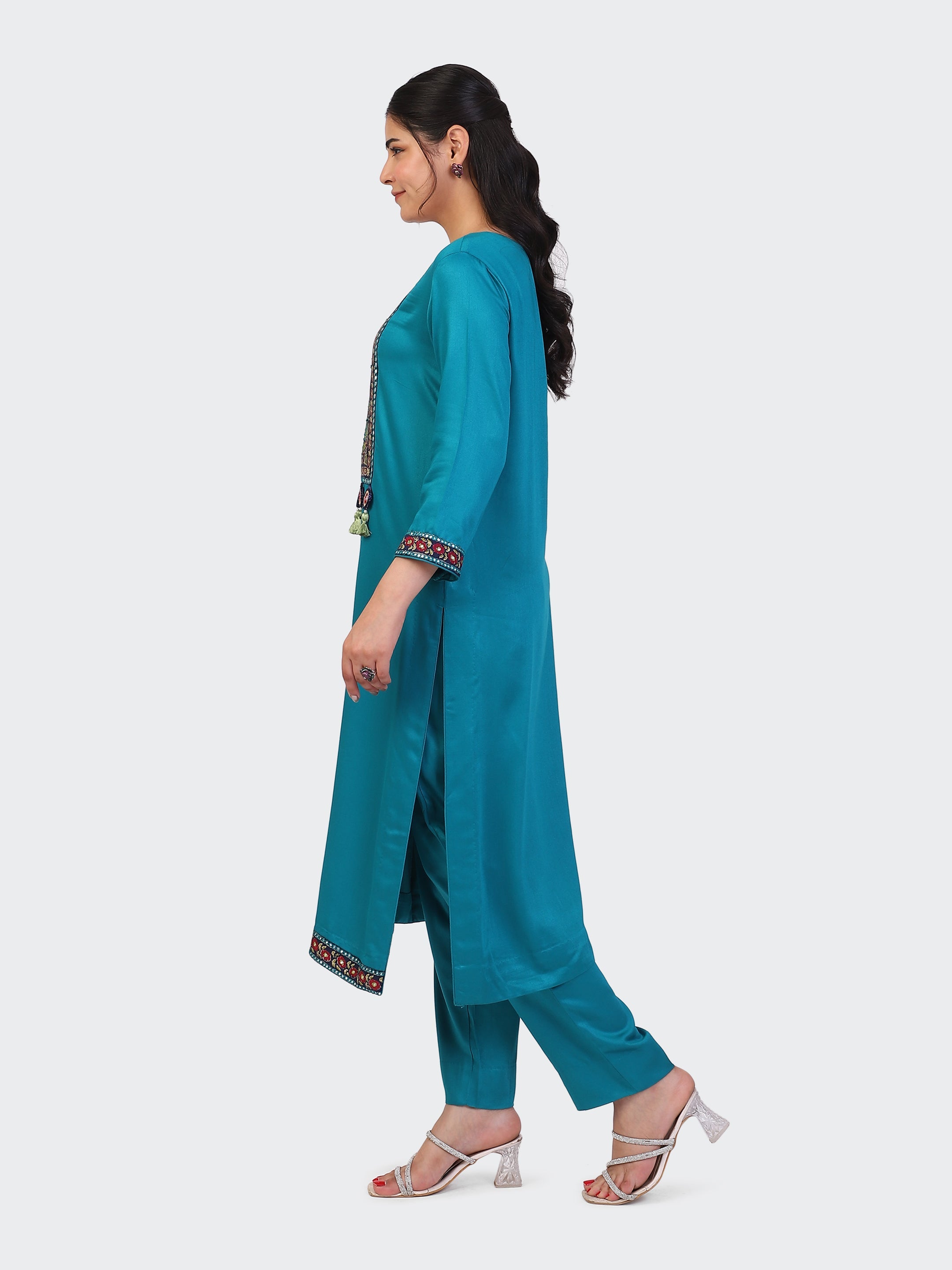 KURTA SET FEATURING HAND-EMBROIDERED FRONT, SLEEVES, DUPATTA WITH TASSELS-TURQUOISE