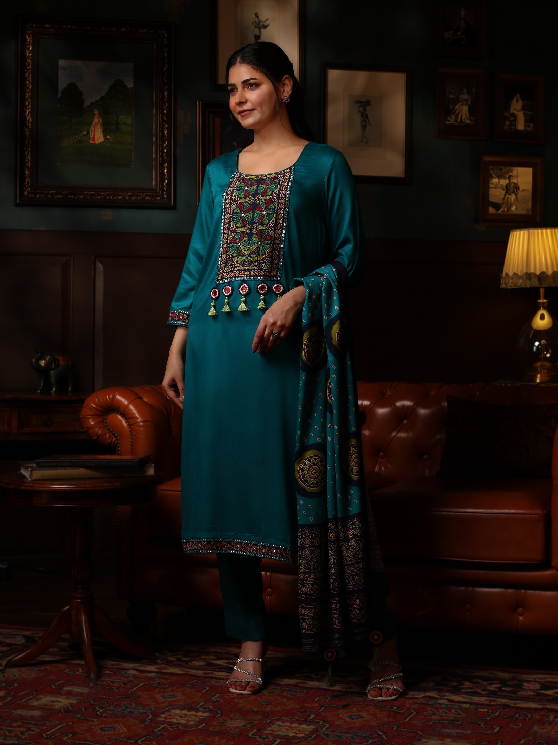KURTA SET FEATURING HAND-EMBROIDERED FRONT, SLEEVES, DUPATTA WITH TASSELS-TURQUOISE