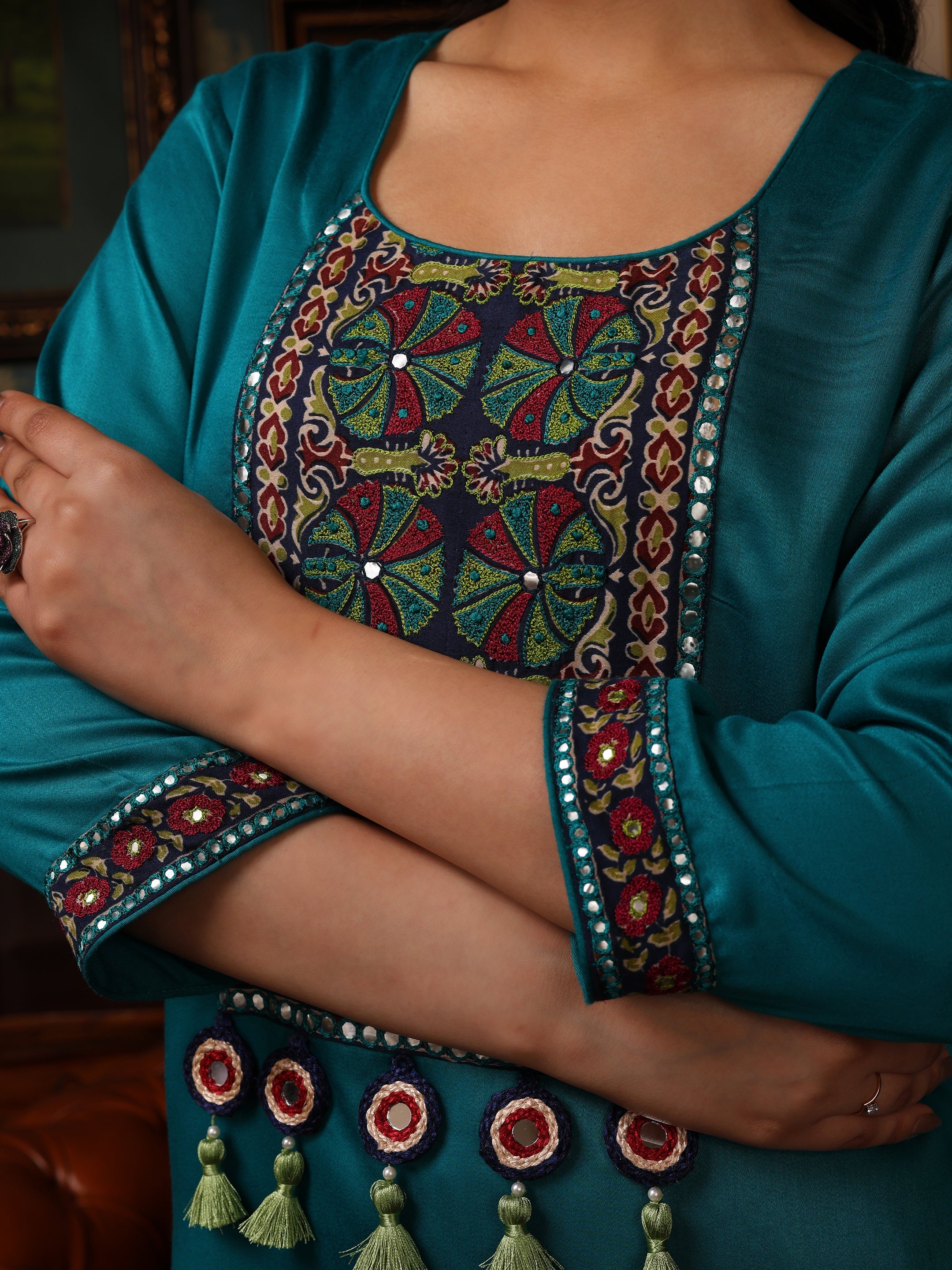 KURTA SET FEATURING HAND-EMBROIDERED FRONT, SLEEVES, DUPATTA WITH TASSELS-TURQUOISE