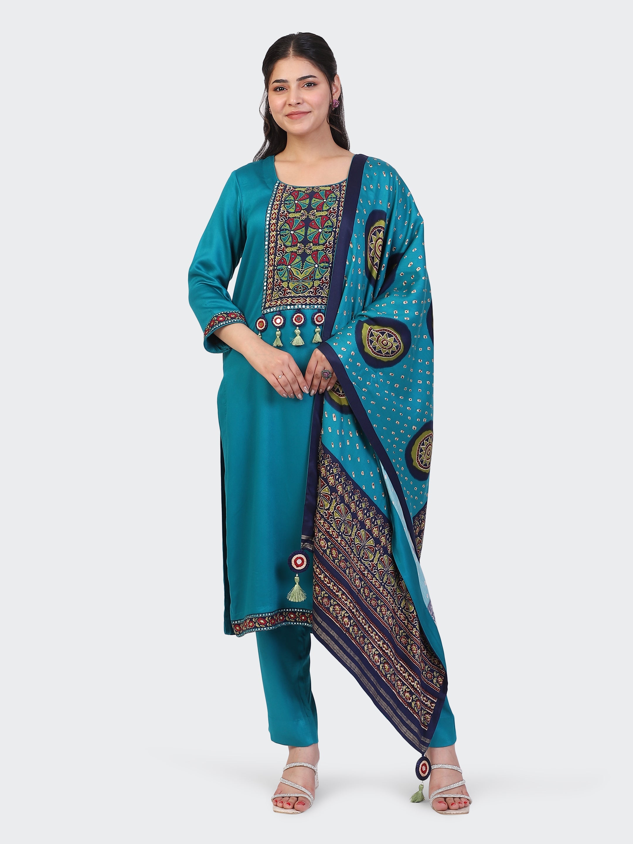 KURTA SET FEATURING HAND-EMBROIDERED FRONT, SLEEVES, DUPATTA WITH TASSELS-TURQUOISE