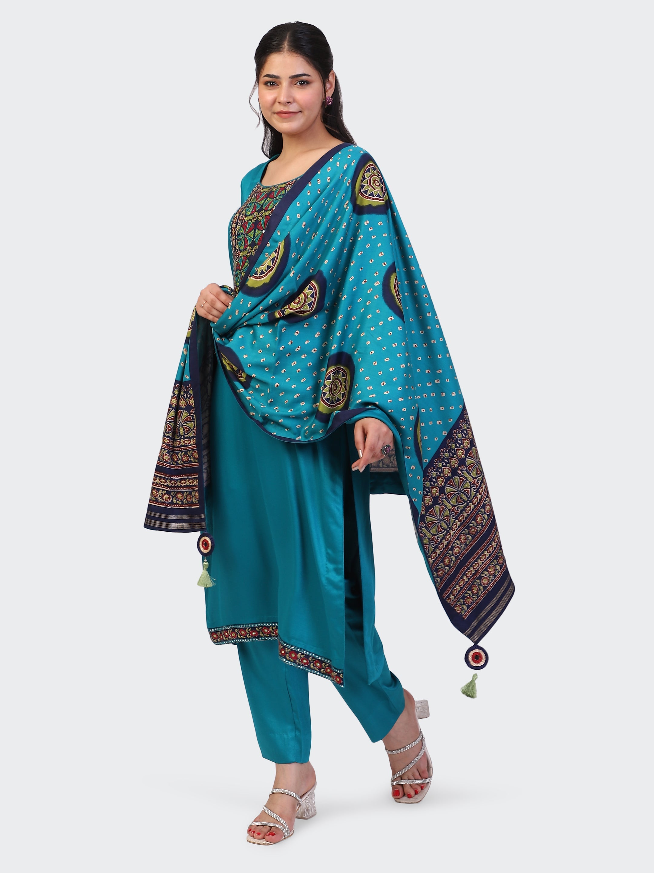 KURTA SET FEATURING HAND-EMBROIDERED FRONT, SLEEVES, DUPATTA WITH TASSELS-TURQUOISE