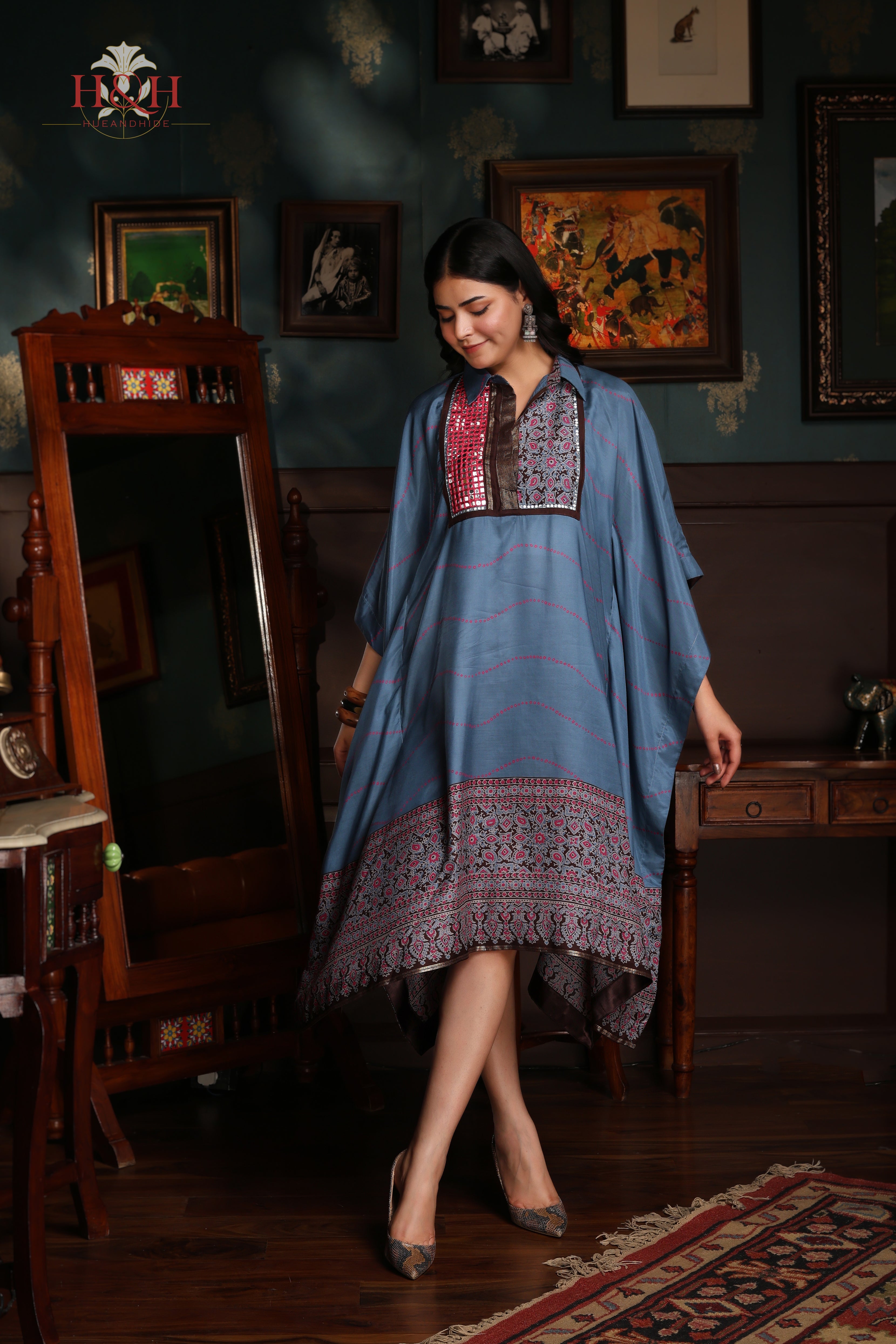 KAFTAN DRESS FEATURING MIRROR WORK EMBROIDERED FRONT-TURQUOISE