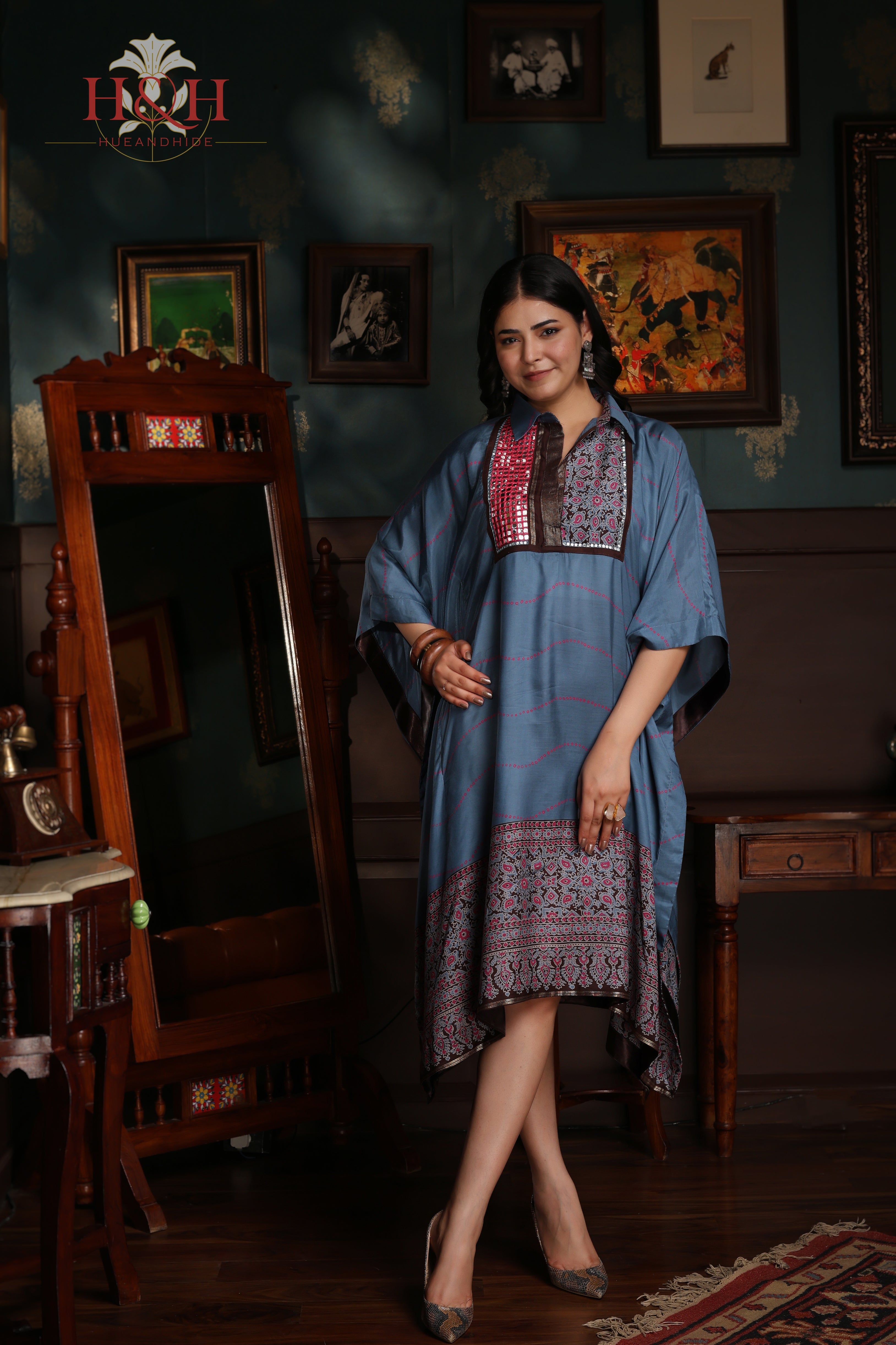 KAFTAN DRESS FEATURING MIRROR WORK EMBROIDERED FRONT-TURQUOISE