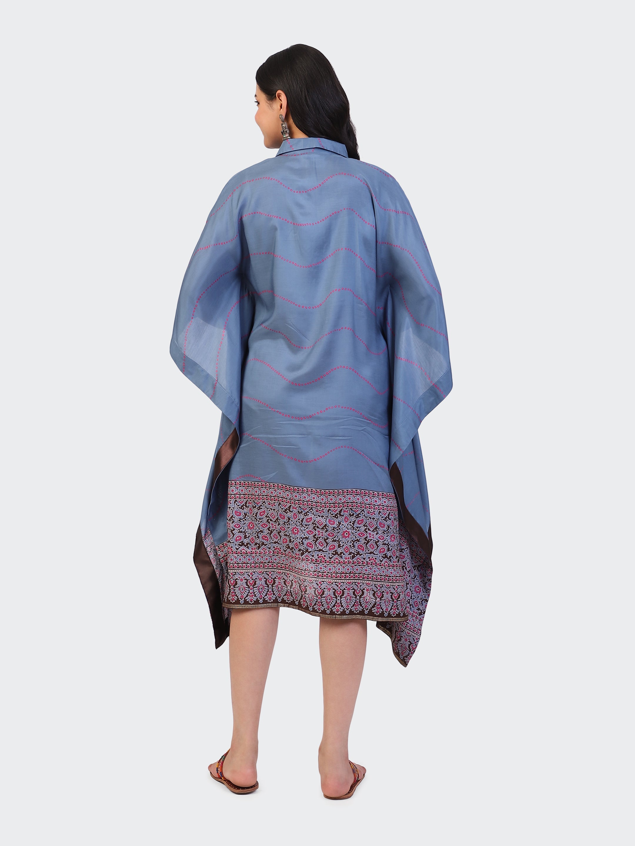 KAFTAN DRESS FEATURING MIRROR WORK EMBROIDERED FRONT-TURQUOISE