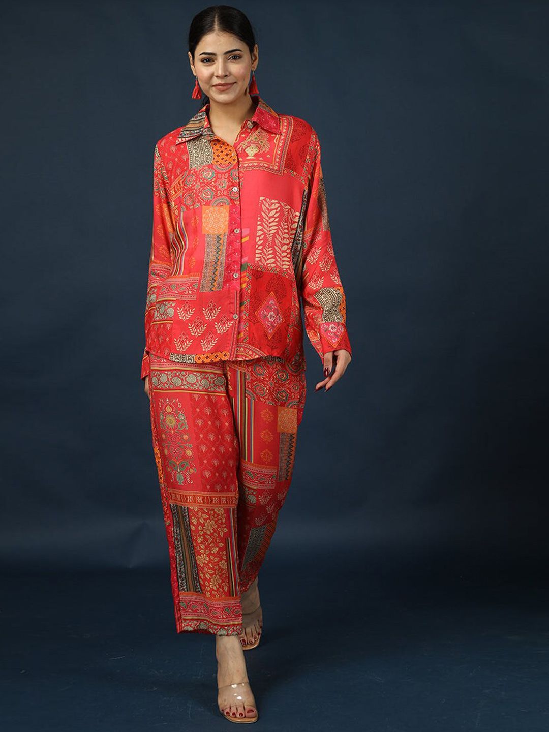 ETHNIC MOTIFS PRINTED SHIRT COLLAR SHIRT WITH TROUSERS