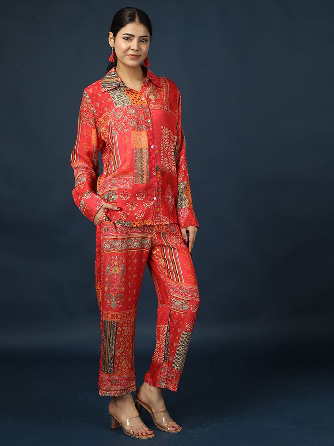 ETHNIC MOTIFS PRINTED SHIRT COLLAR SHIRT WITH TROUSERS