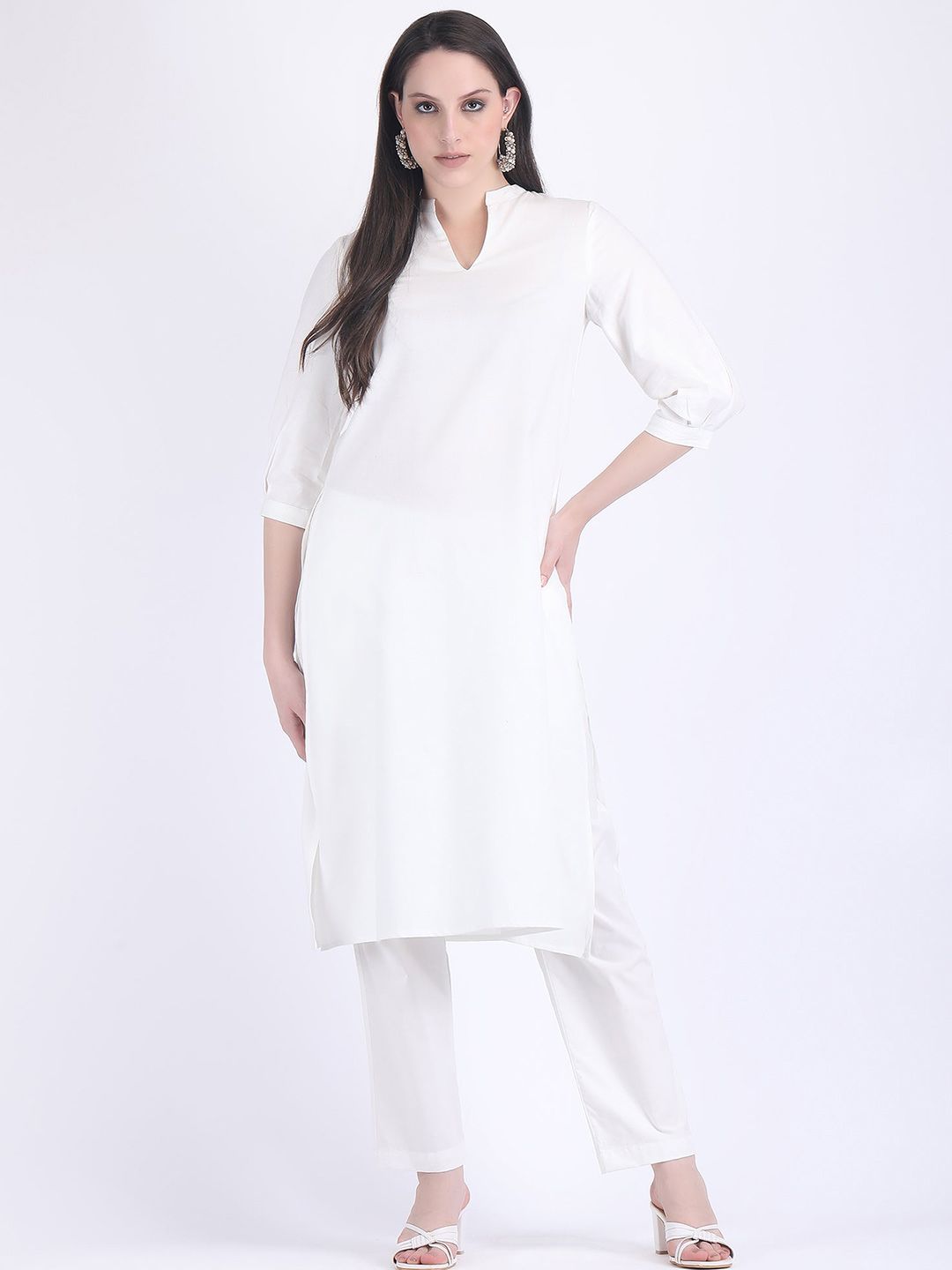 THREE-QUARTER SLEEVES PURE COTTON STRAIGHT KURTA WITH TROUSER