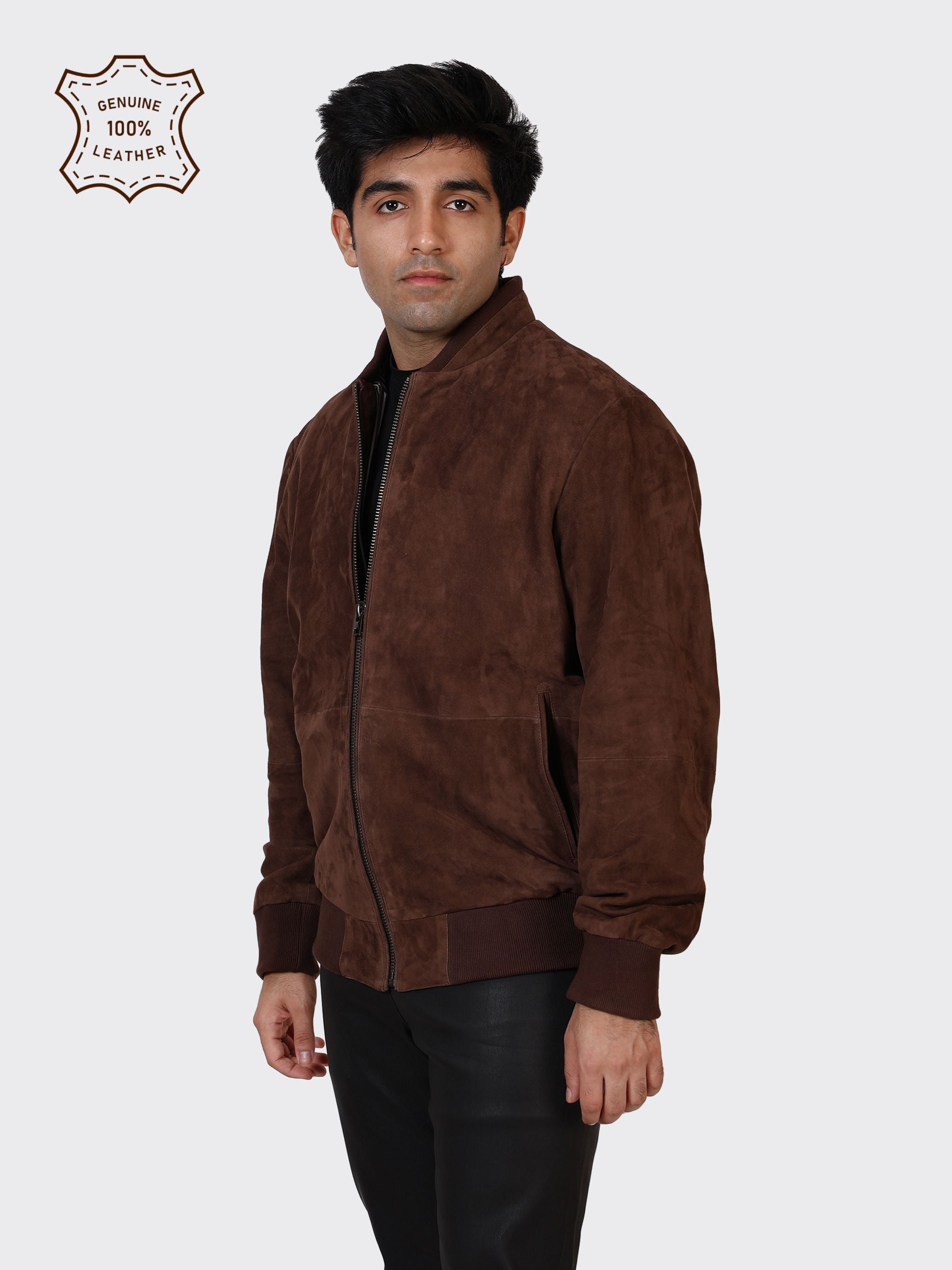 MENS COLLEGE SUEDE LEATHER JACKET-BROWN