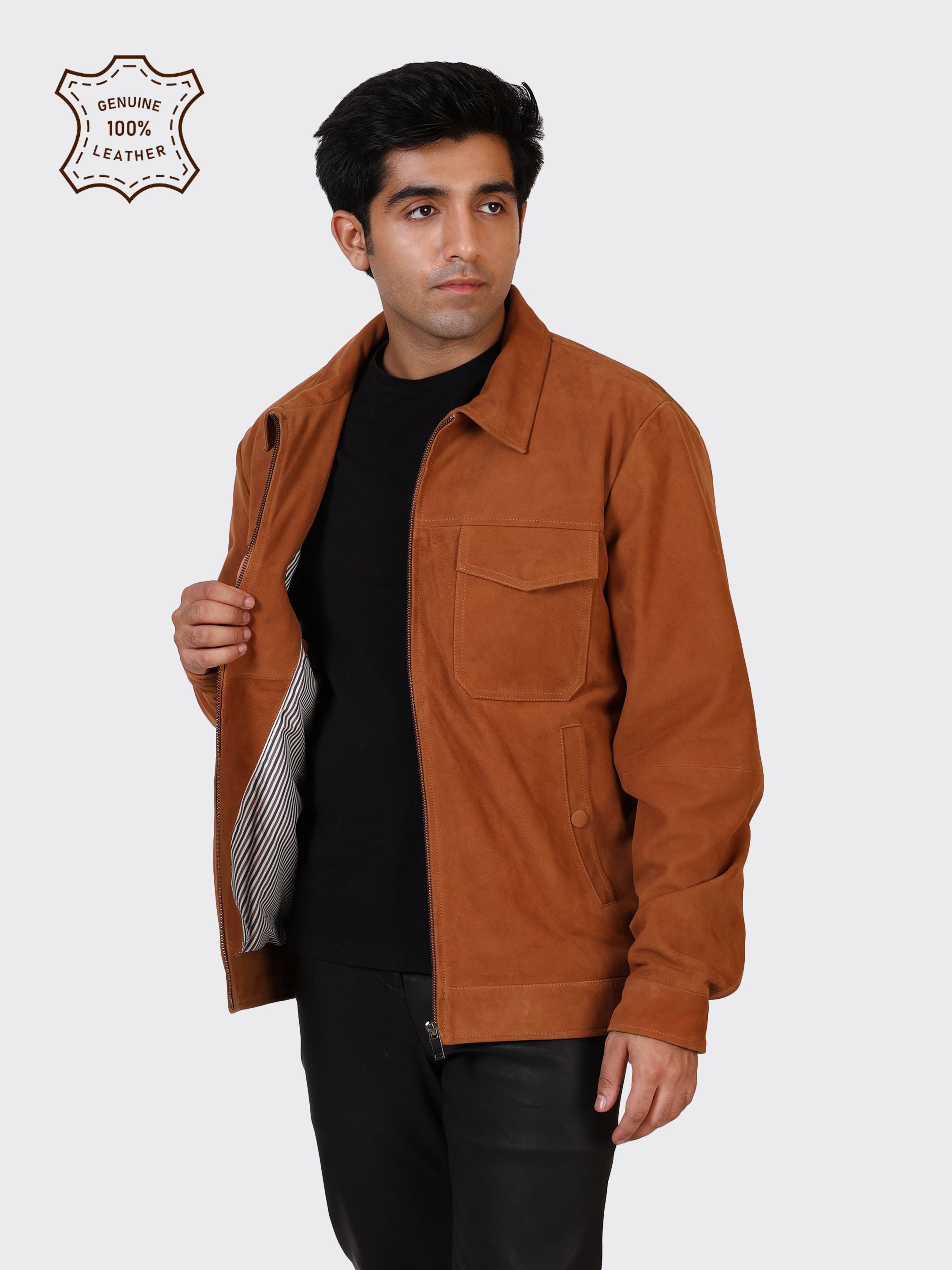MENS SUEDE LEATHER JACKET-COGNAC