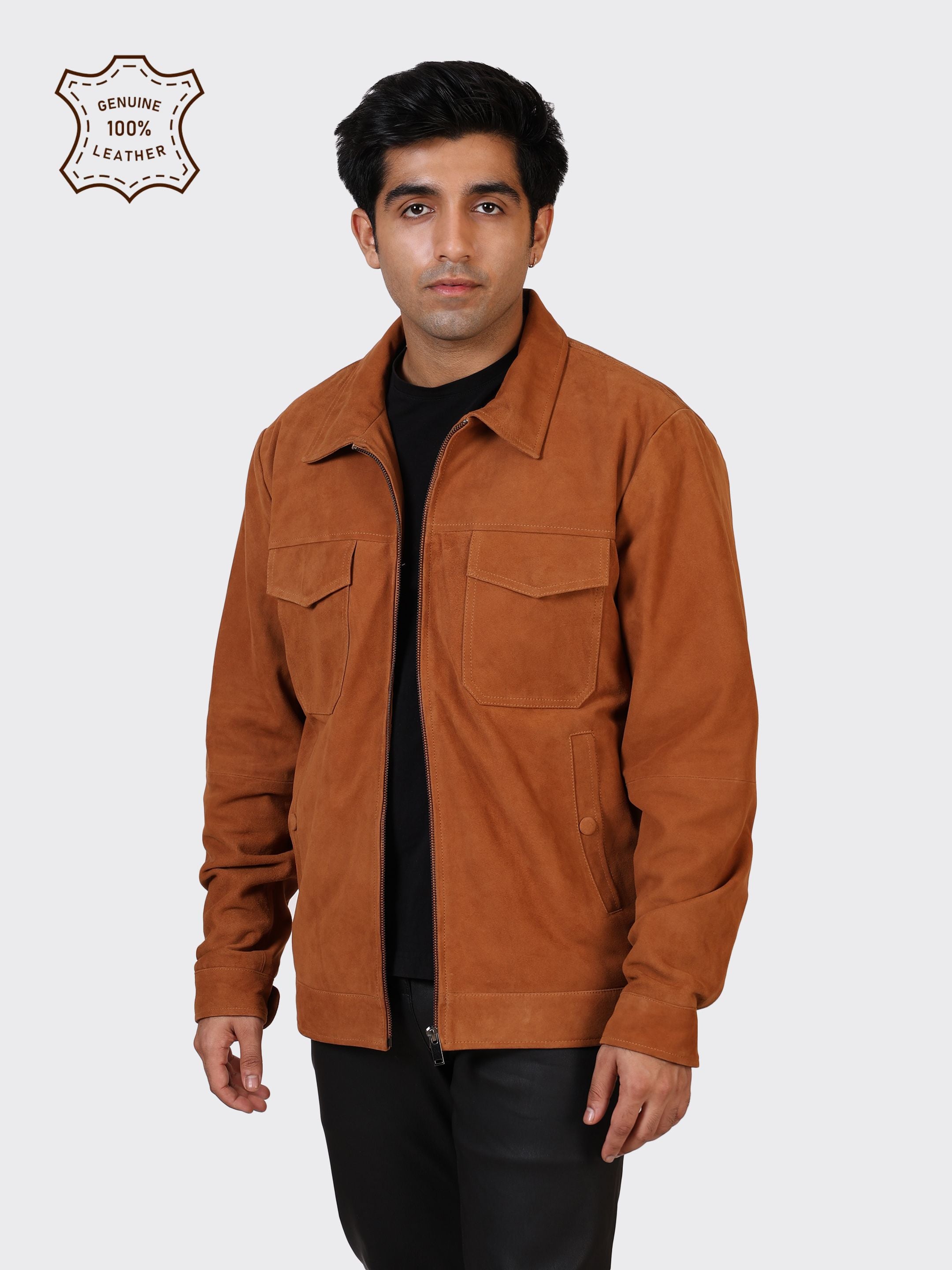 MENS SUEDE LEATHER JACKET-COGNAC