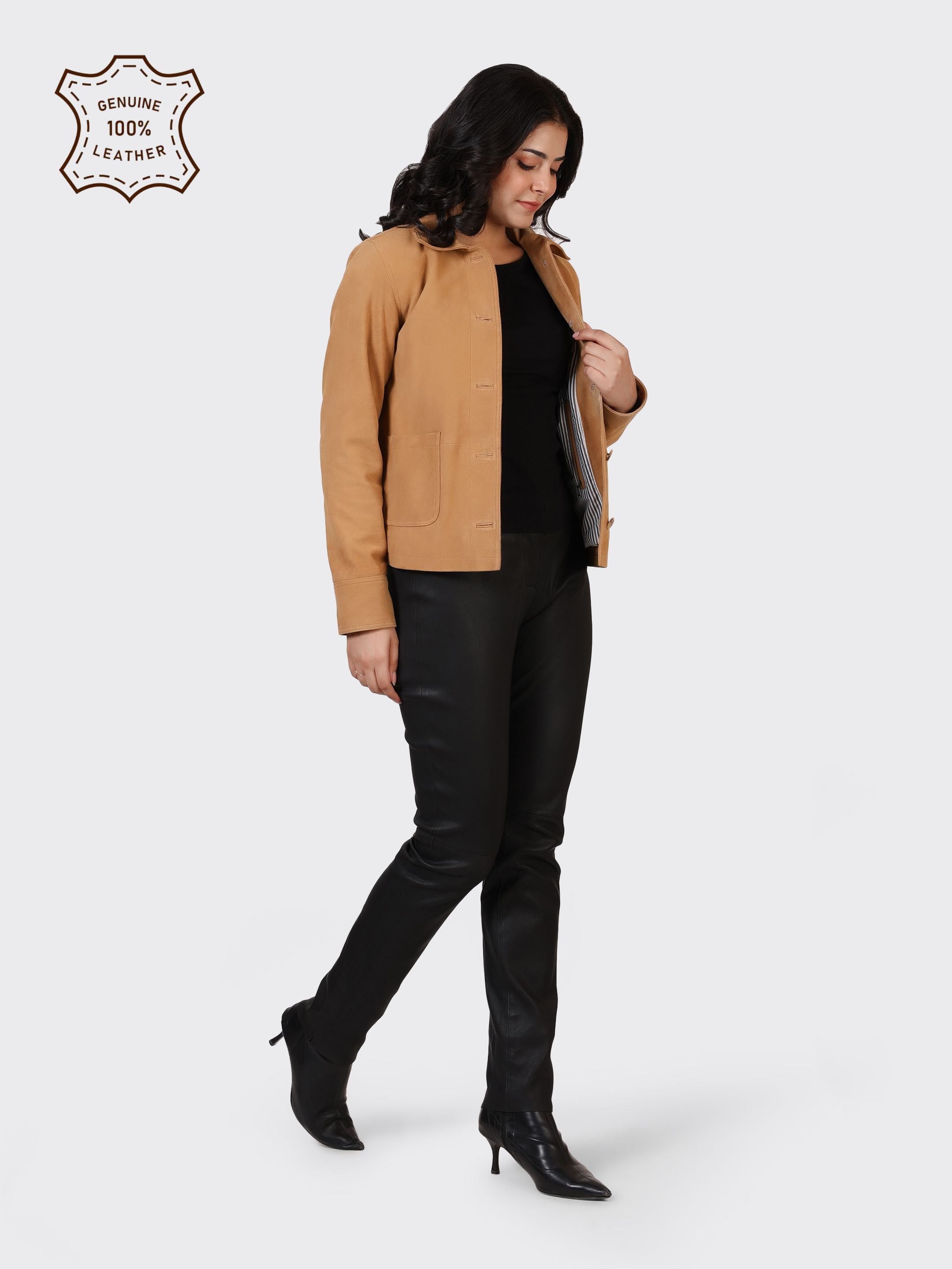 LADIES SUEDE LEATHER JACKET-SAND