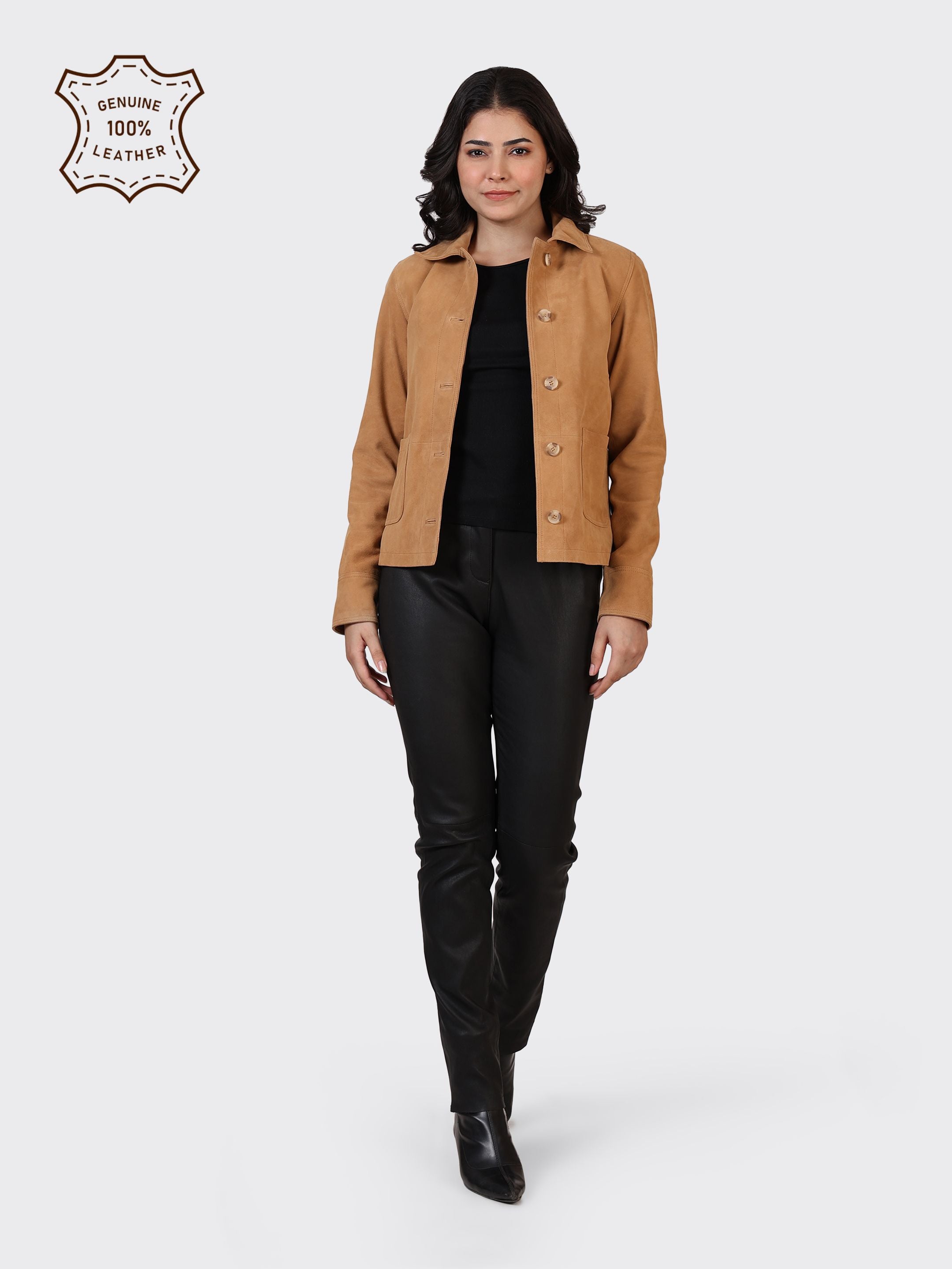 LADIES SUEDE LEATHER JACKET-SAND