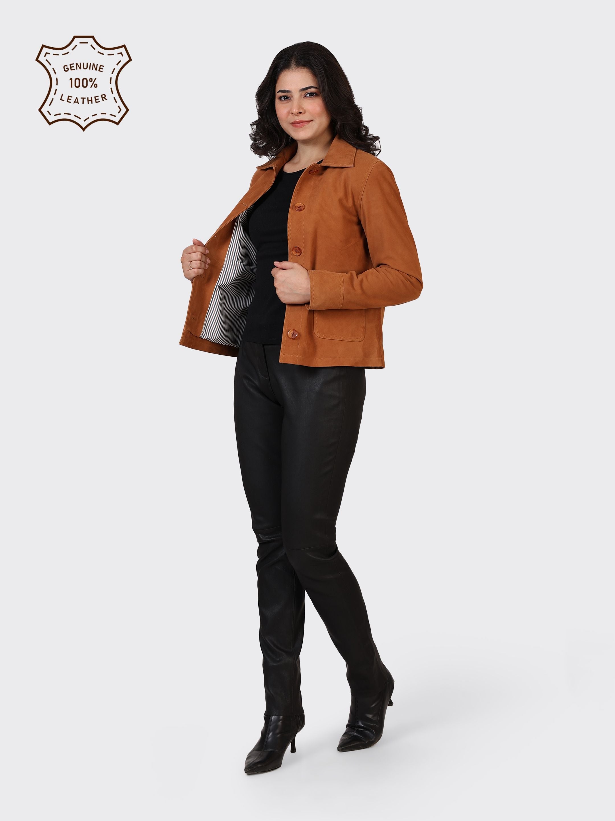 LADIES SUEDE LEATHER JACKET-COGNAC