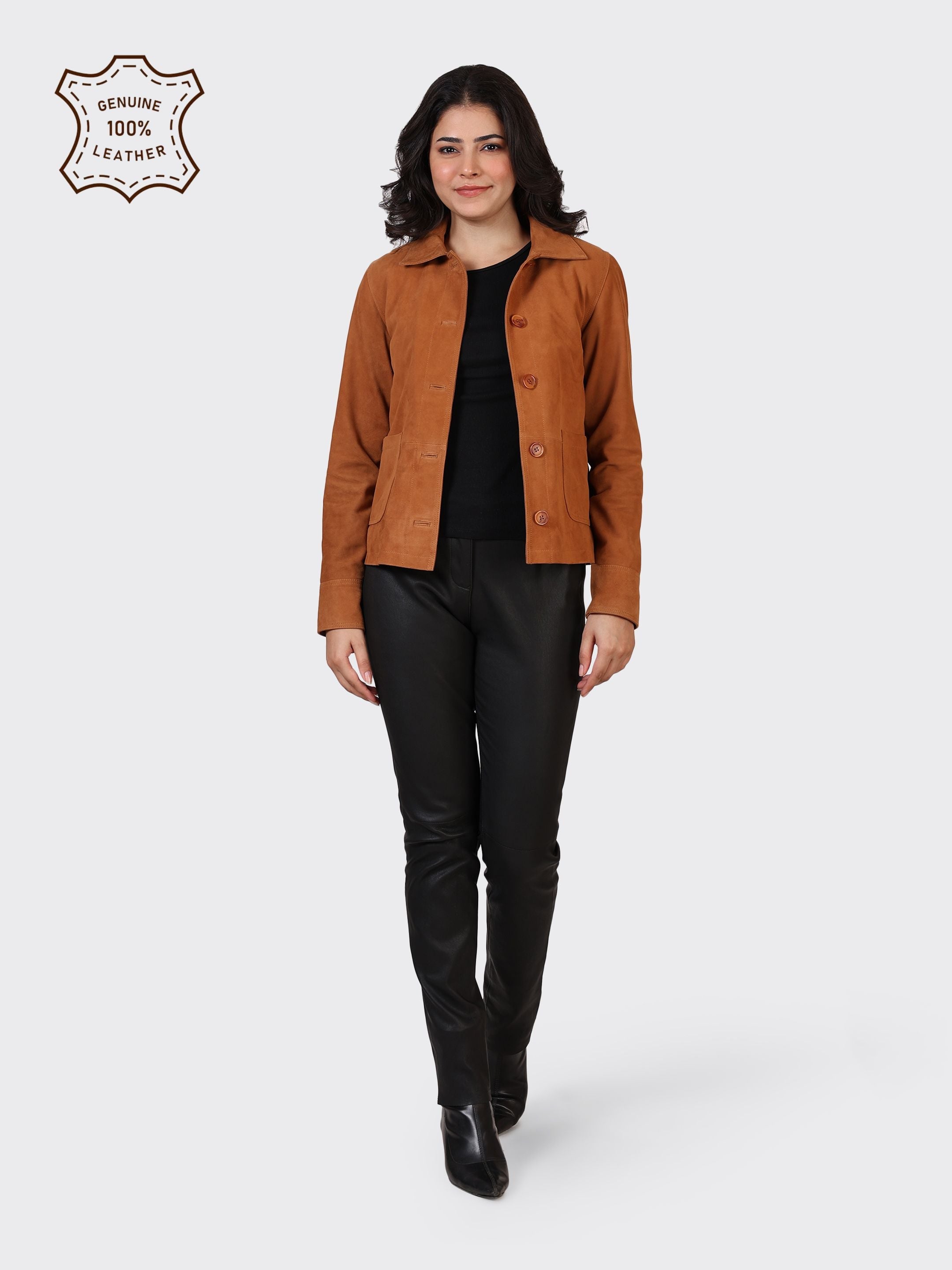 LADIES SUEDE LEATHER JACKET-COGNAC