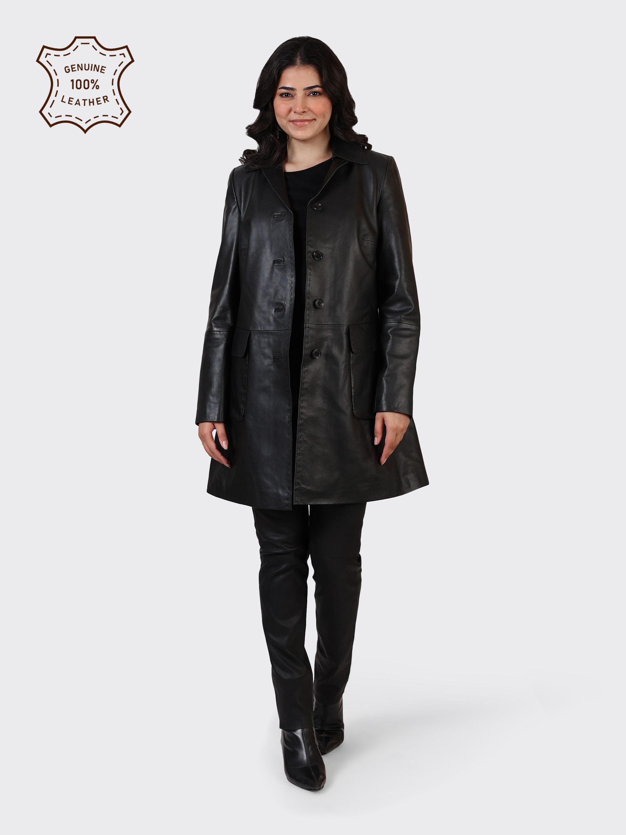 LADIES KNEE-LENGTH LEATHER JACKET-BLACK